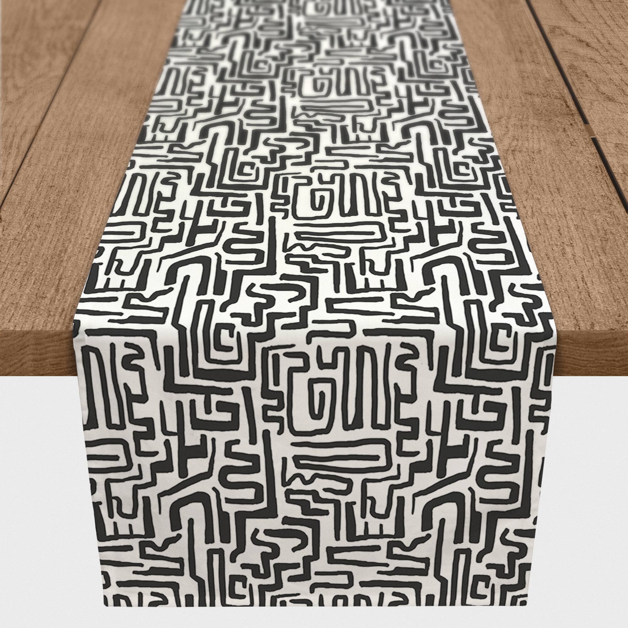 Black Maze Lines 16" x 90" Cotton Twill Runner