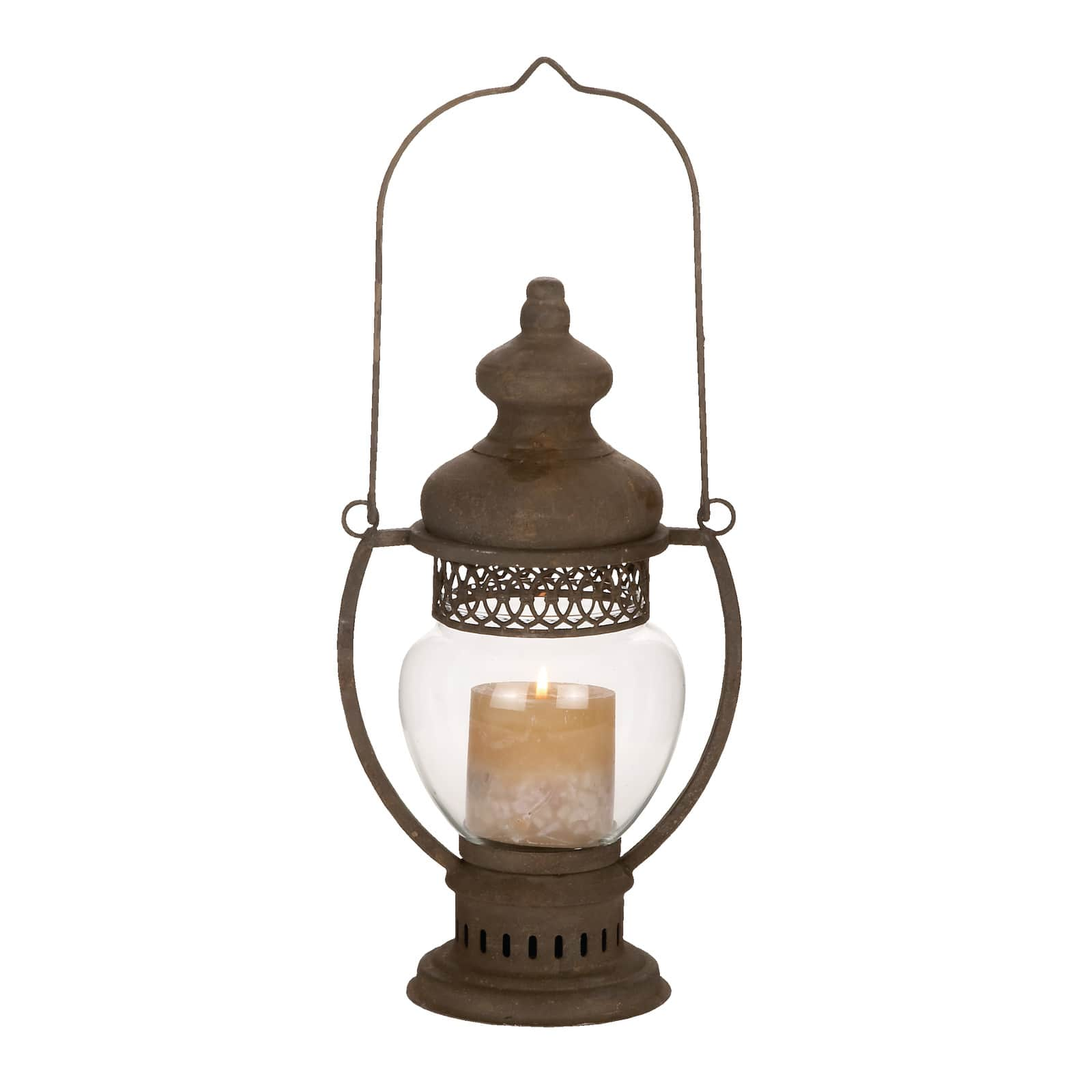 14&#x22; Brown Iron Rustic Candle Holder Lantern