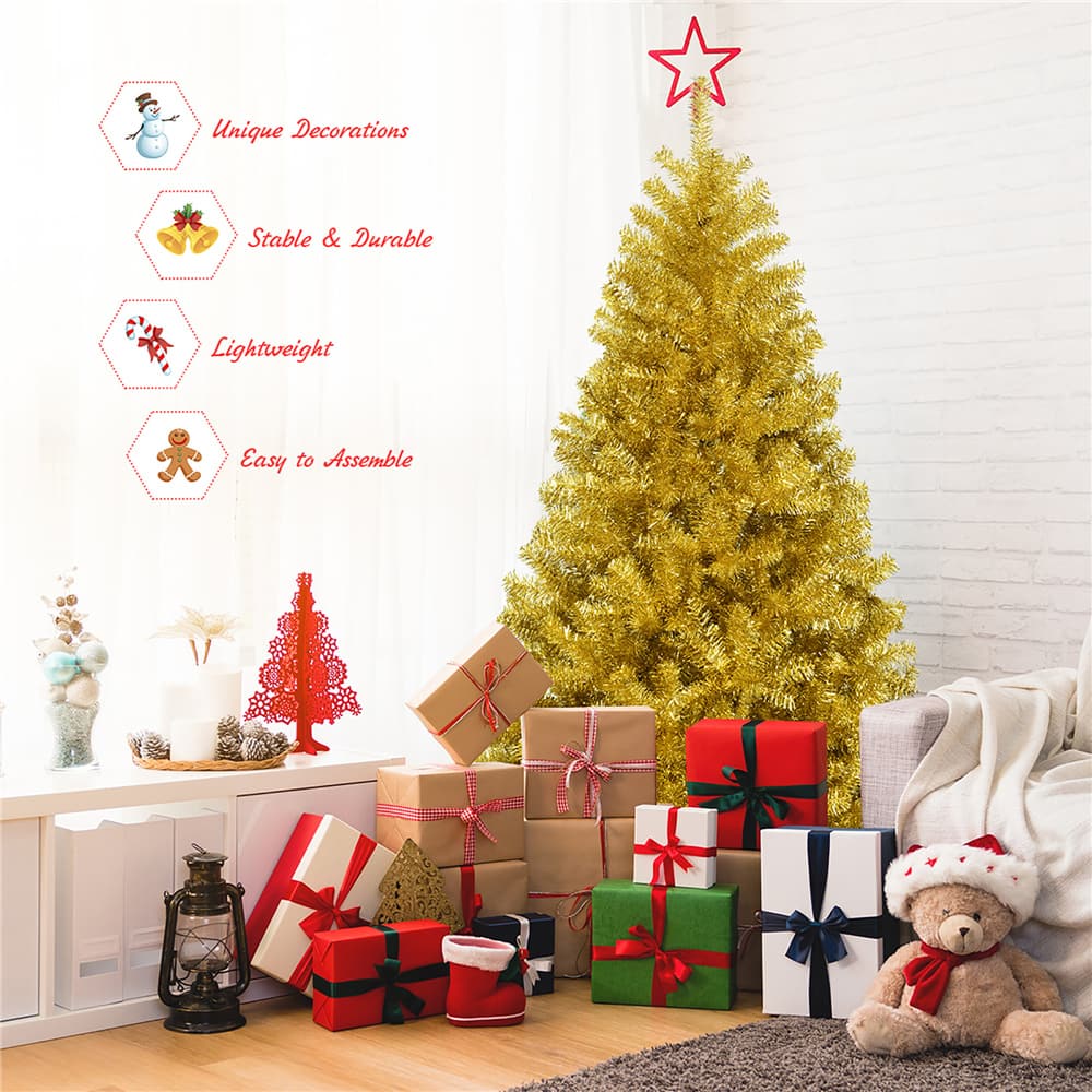 Costway 6ft. Unlit Champagne Gold Artificial Tinsel Christmas Tree with Foldable Stand