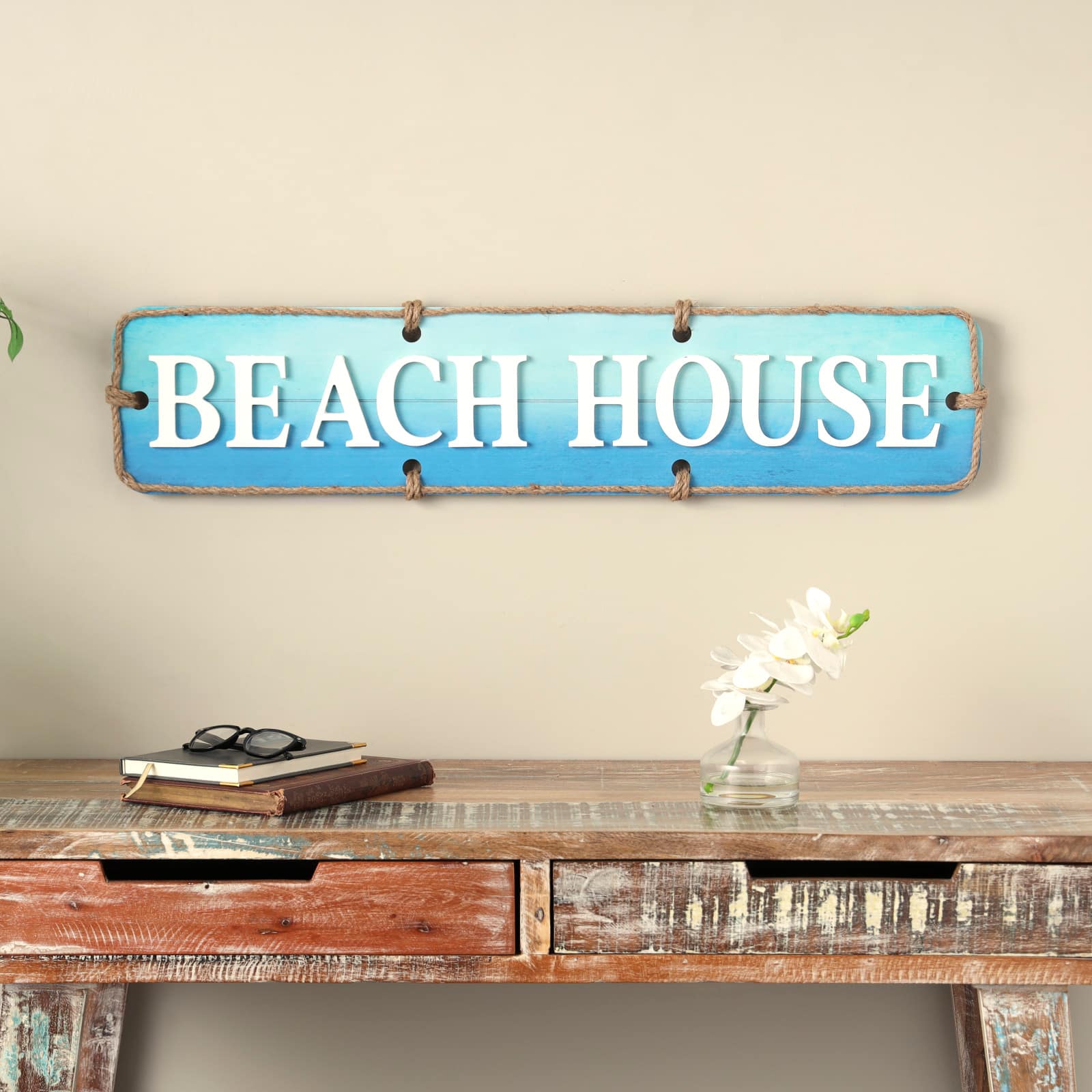 Blue Beach House Wooden Wall Sign D&#xE9;cor