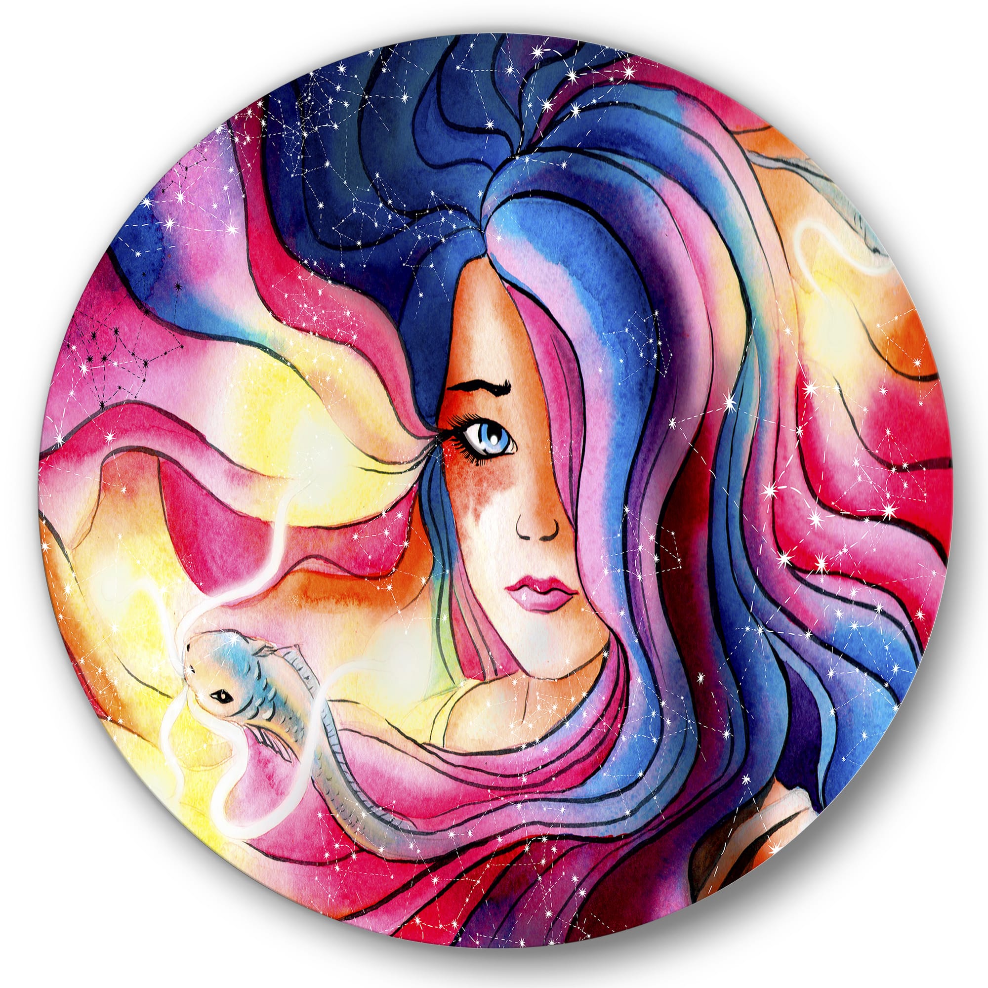 Designart - The Girl With The Glowing Hair - Modern Metal Circle Wall Art