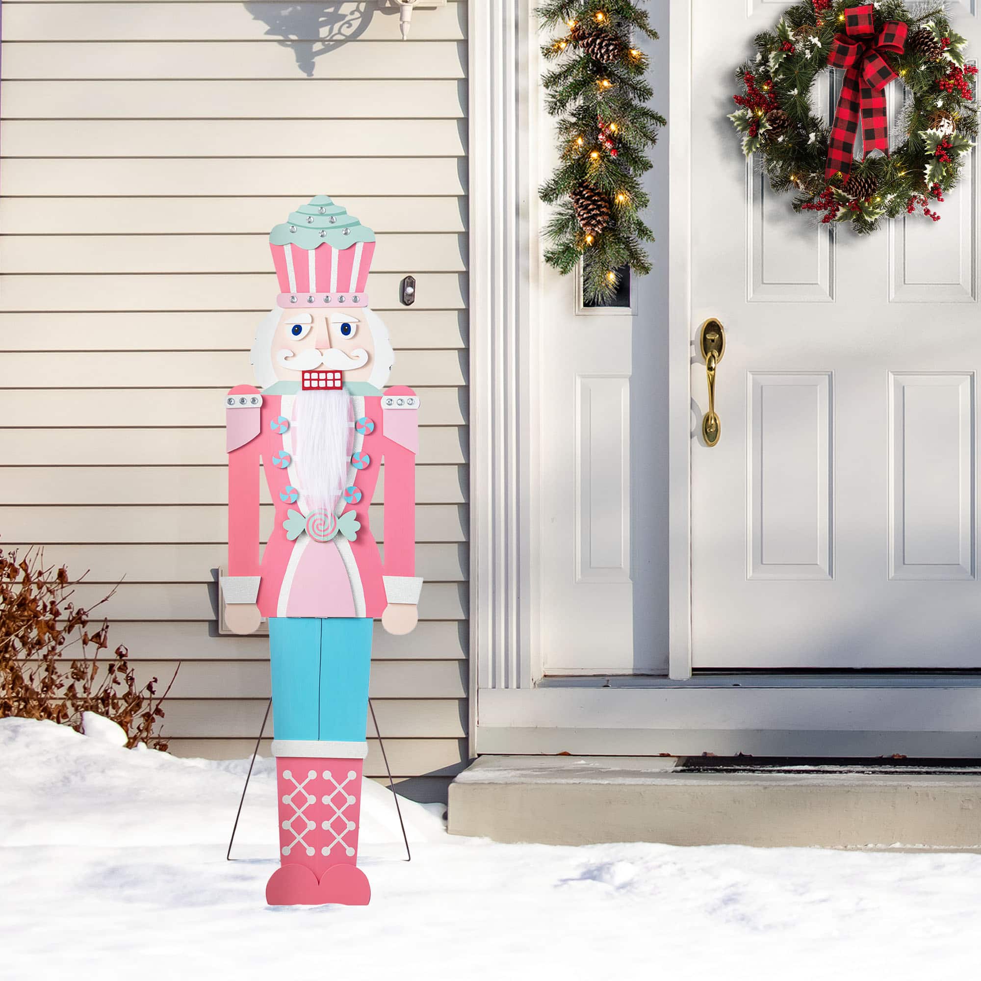 Glitzhome&#xAE; 60&#x22; Christmas Wooden Pink Nutcracker Porch Decor
