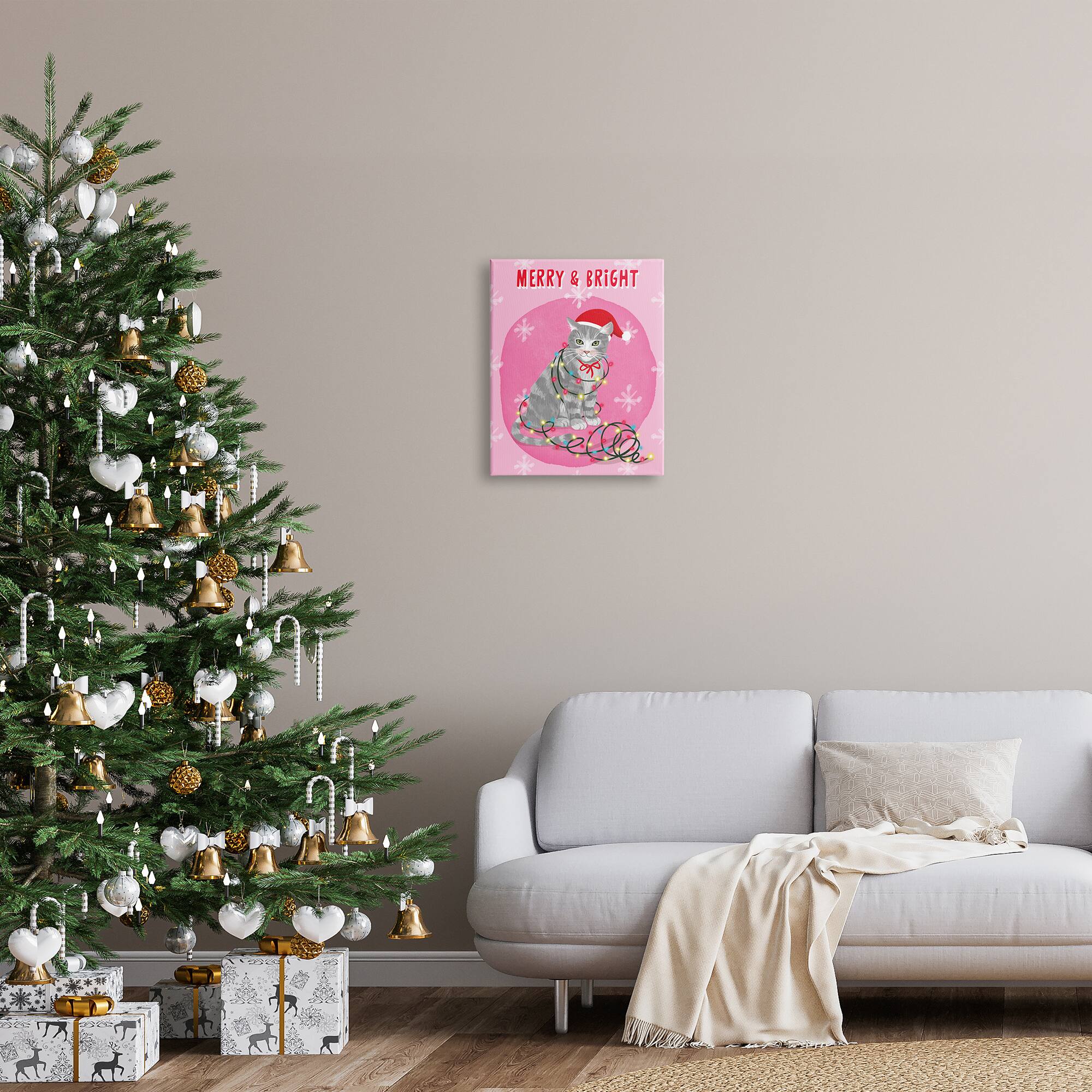 Stupell Industries Merry & Bright Christmas Cat Lights Canvas Wall Art