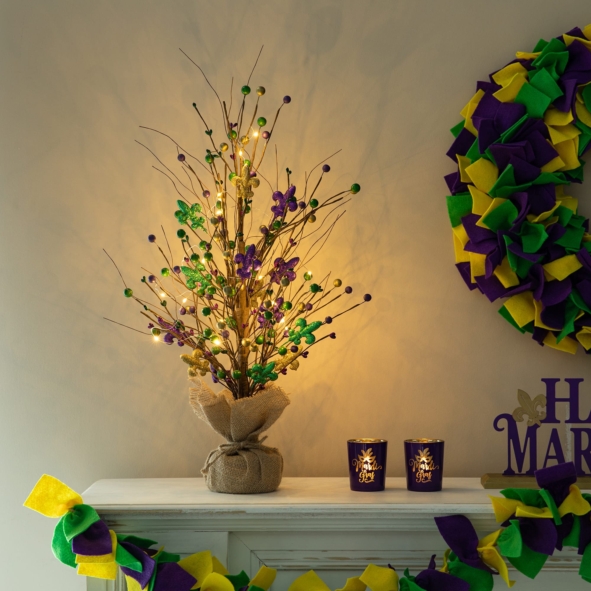 Glitzhome® 21" Lighted Mardi Gras Fleur-de-Lis & Berry Table Tree