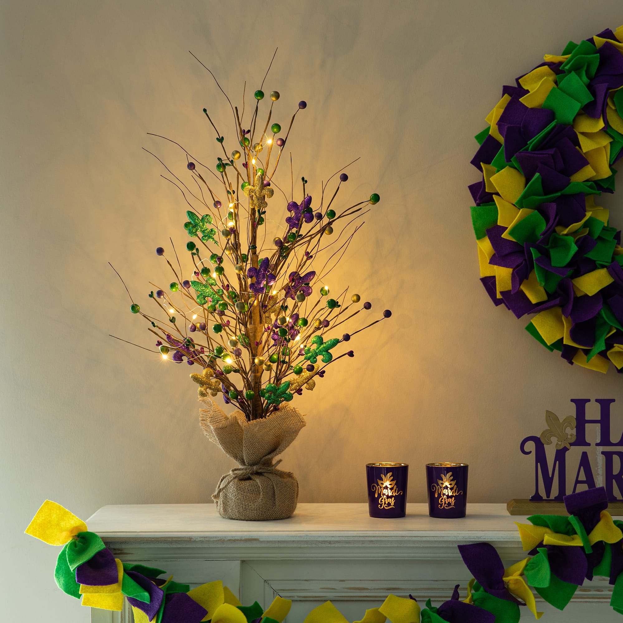 Glitzhome&#xAE; 21&#x22; Lighted Mardi Gras Fleur-de-Lis &#x26; Berry Table Tree