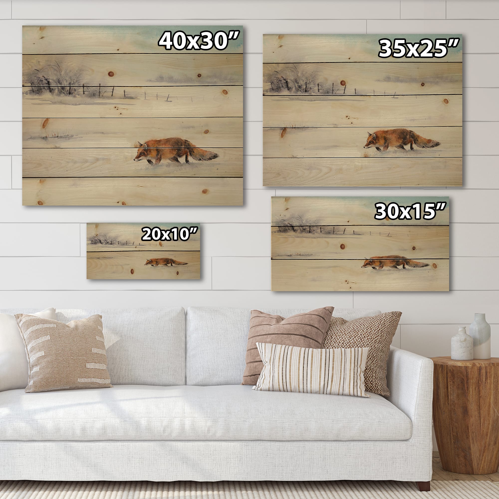 Designart - Red Fox Running In White Snow I - Farmhouse Print on Natural Pine Wood