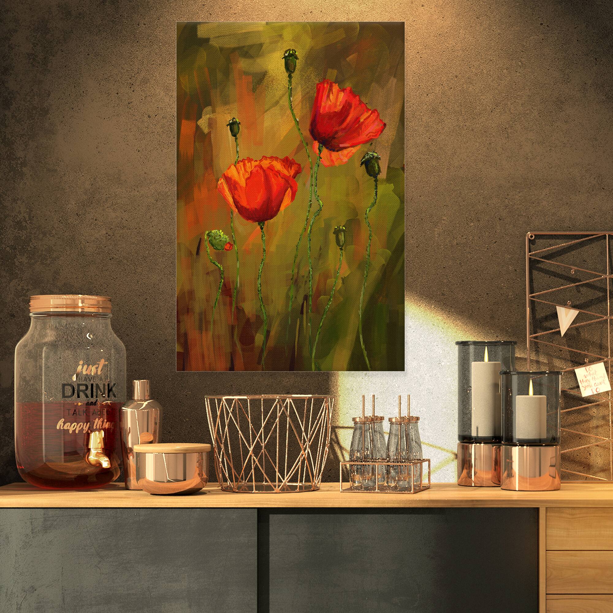 Designart - Watercolor Poppy Flowers - Floral Art Canvas Print