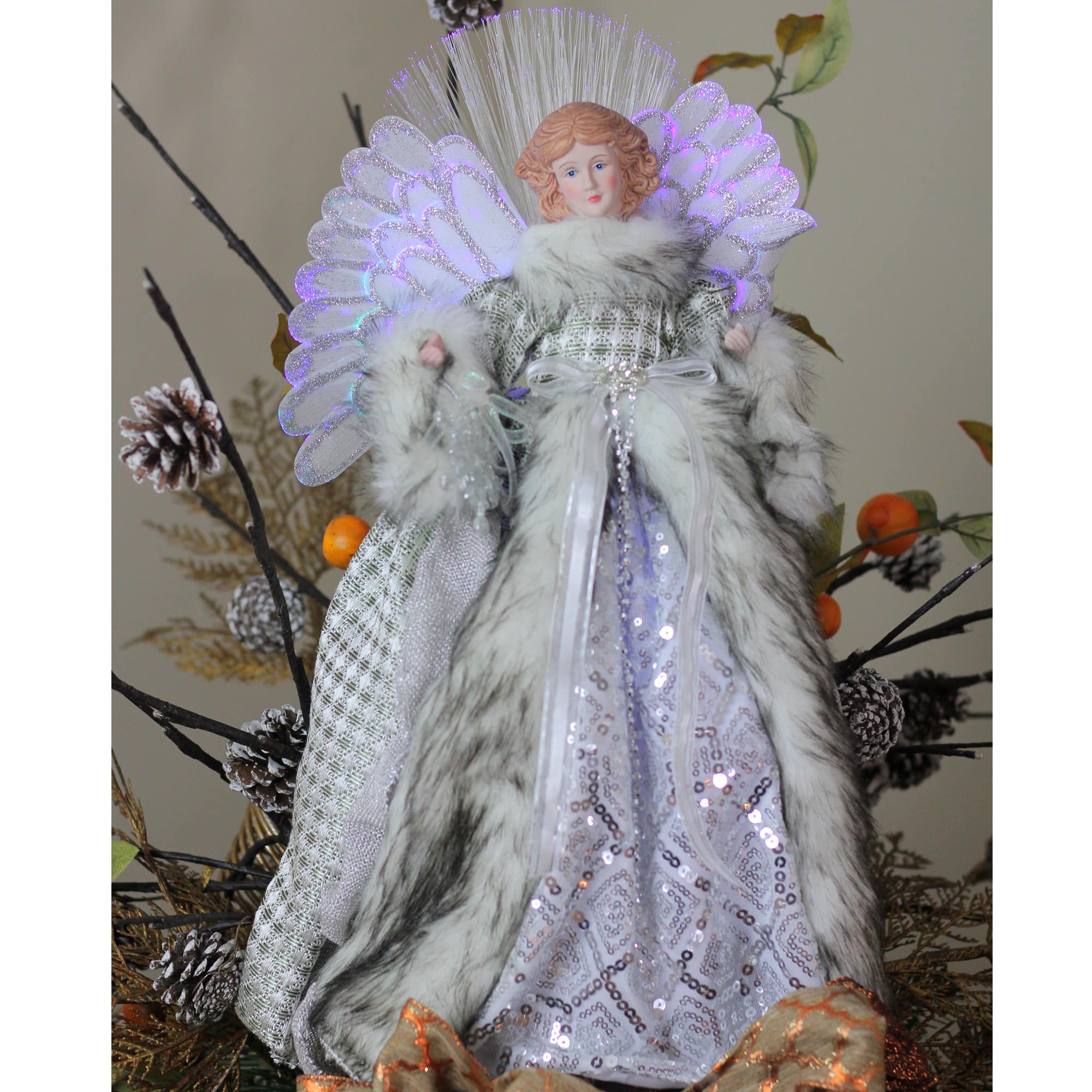 16" Lighted Fiber Optic Angel in Silver Gingham Coat Tree Topper