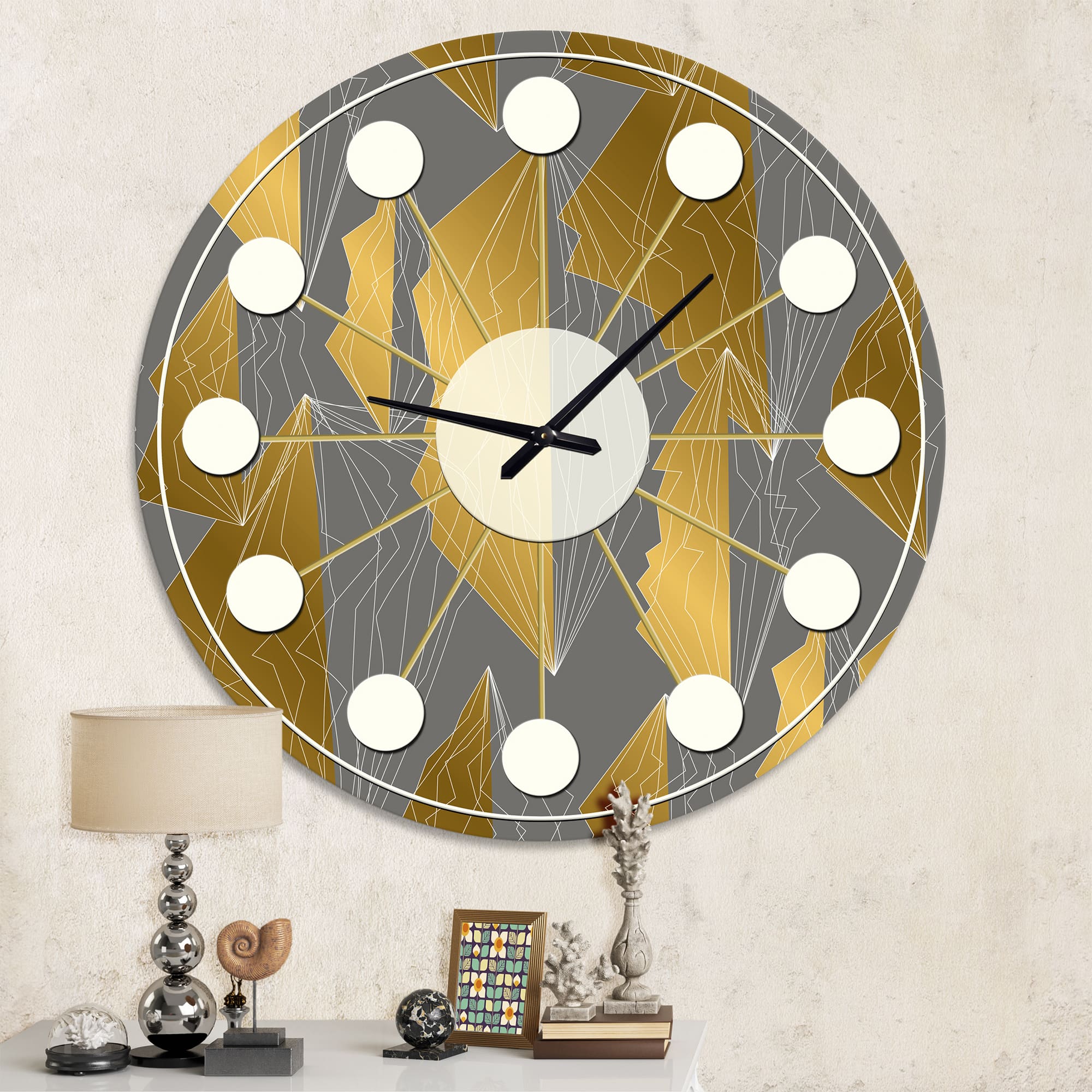Designart &#x27;Golden Polygon Pattern Mid-Century Modern Wall Clock