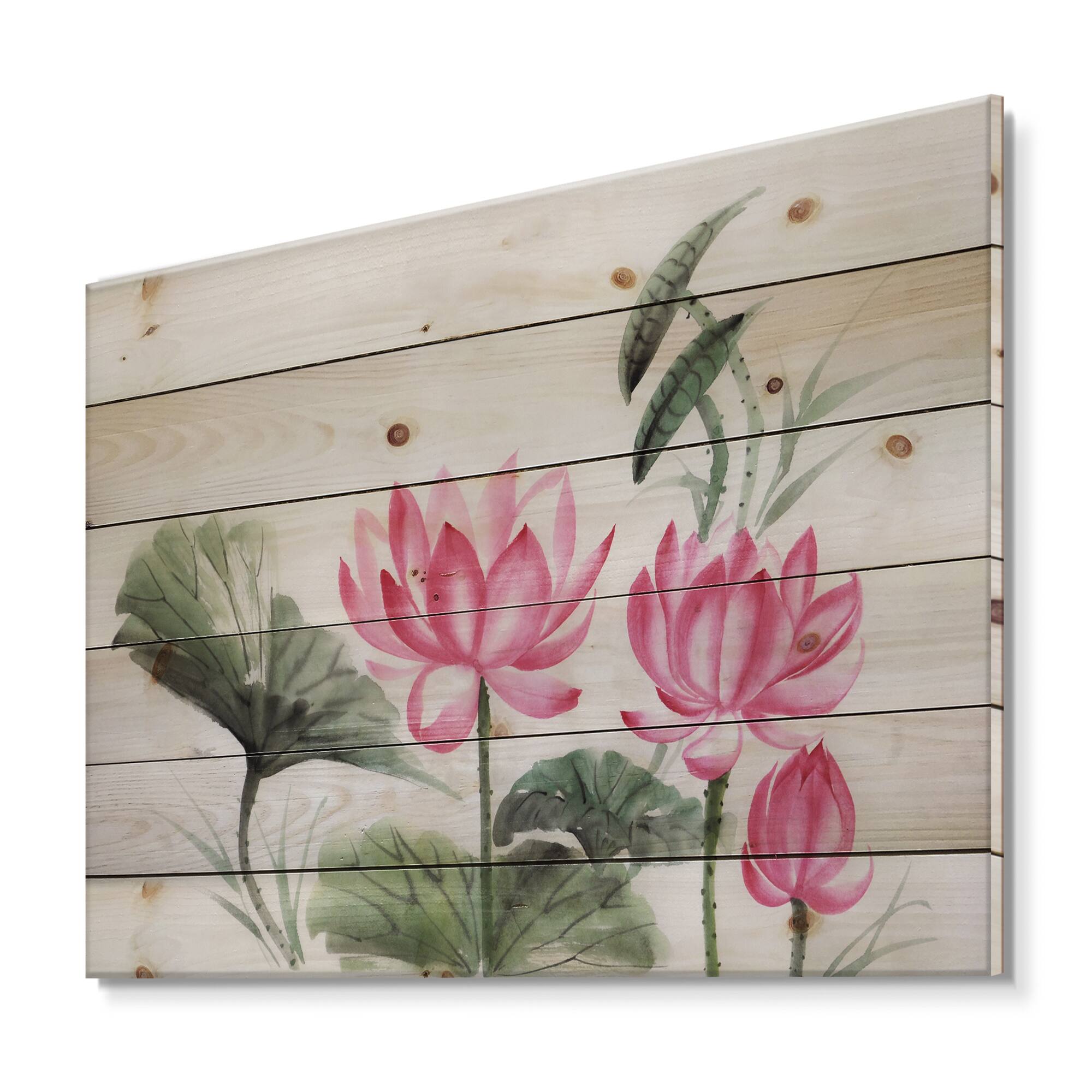 Designart - Vintage Pink Lotuses In The Pond I - Traditional Print on Natural Pine Wood