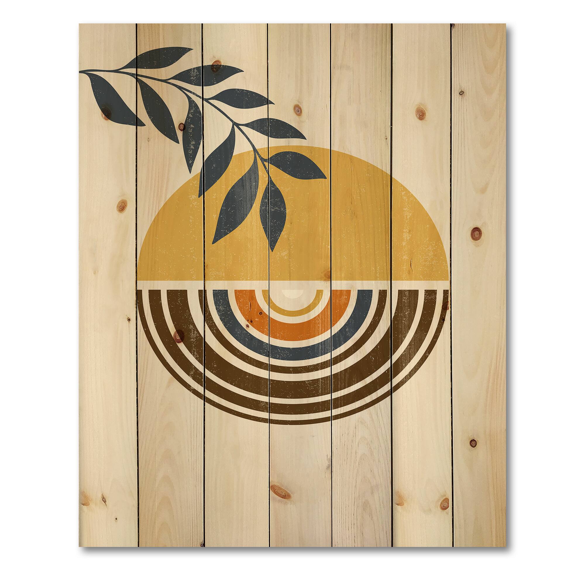 Designart - Abstract Sun Moon Leaves III - Modern Print on Natural Pine Wood