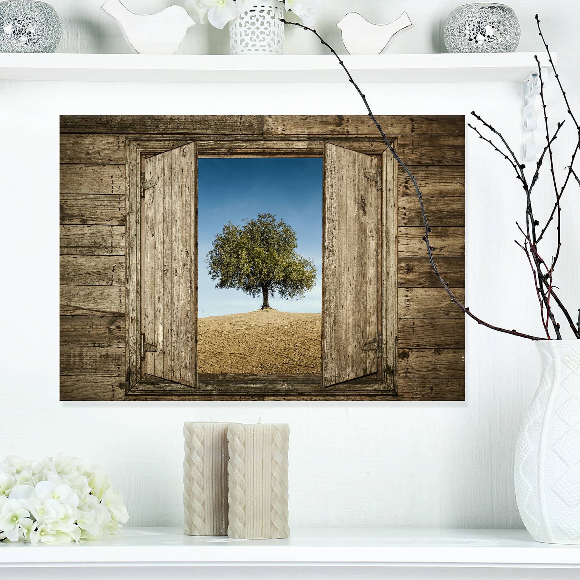 Designart - Window Open To Solitary Tree - Modern Landscape Canvas Art