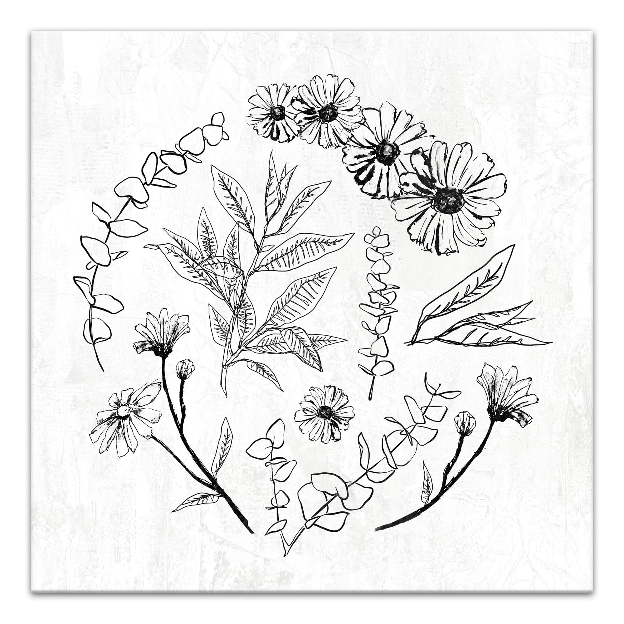 Hand Drawn Flowers and Leaves 16" x 16" Canvas Wall Art