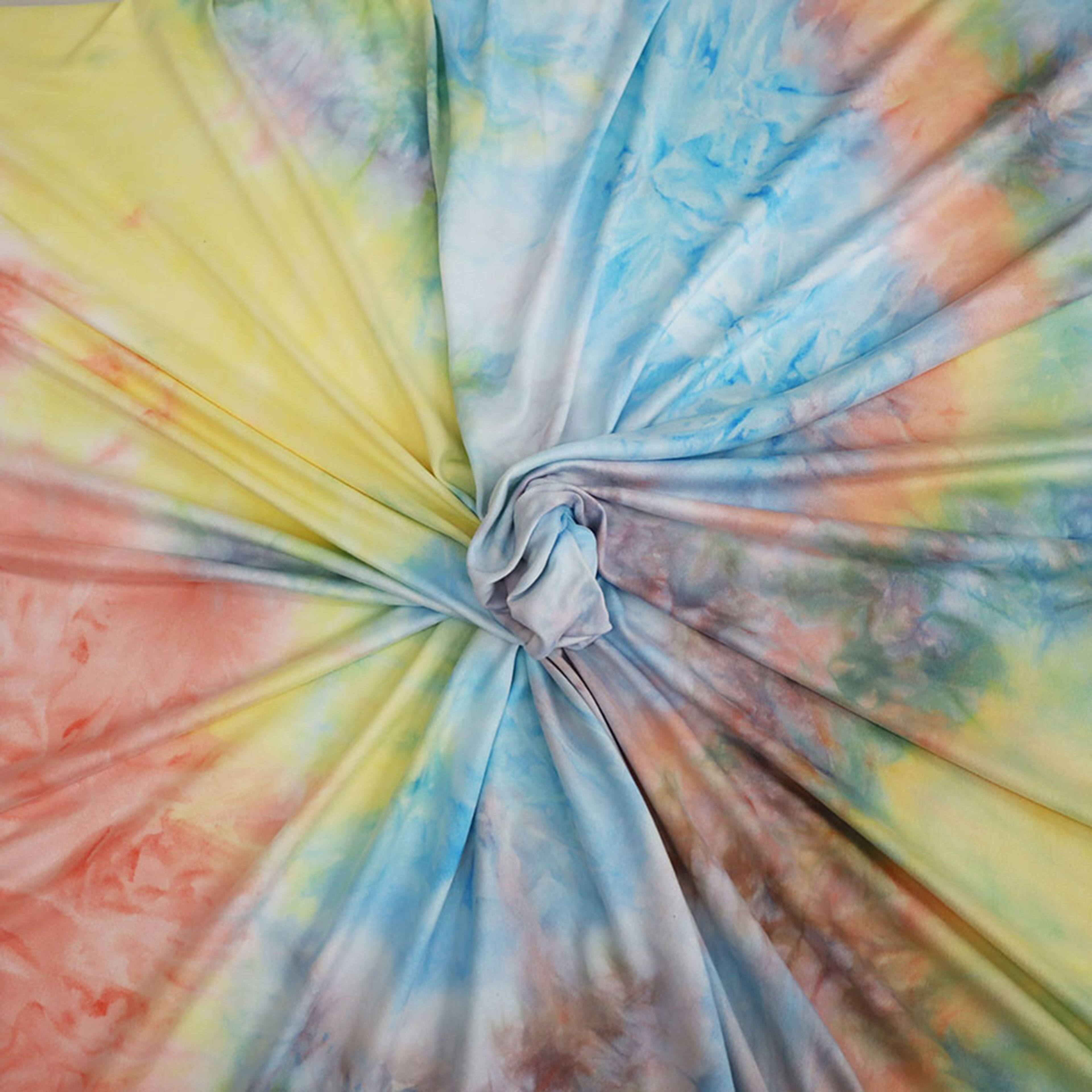 Fabric Merchants Yellow, Peach, Gray &#x26; Blue Tie Dye Double Brushed 4-Way Stretch Fabric