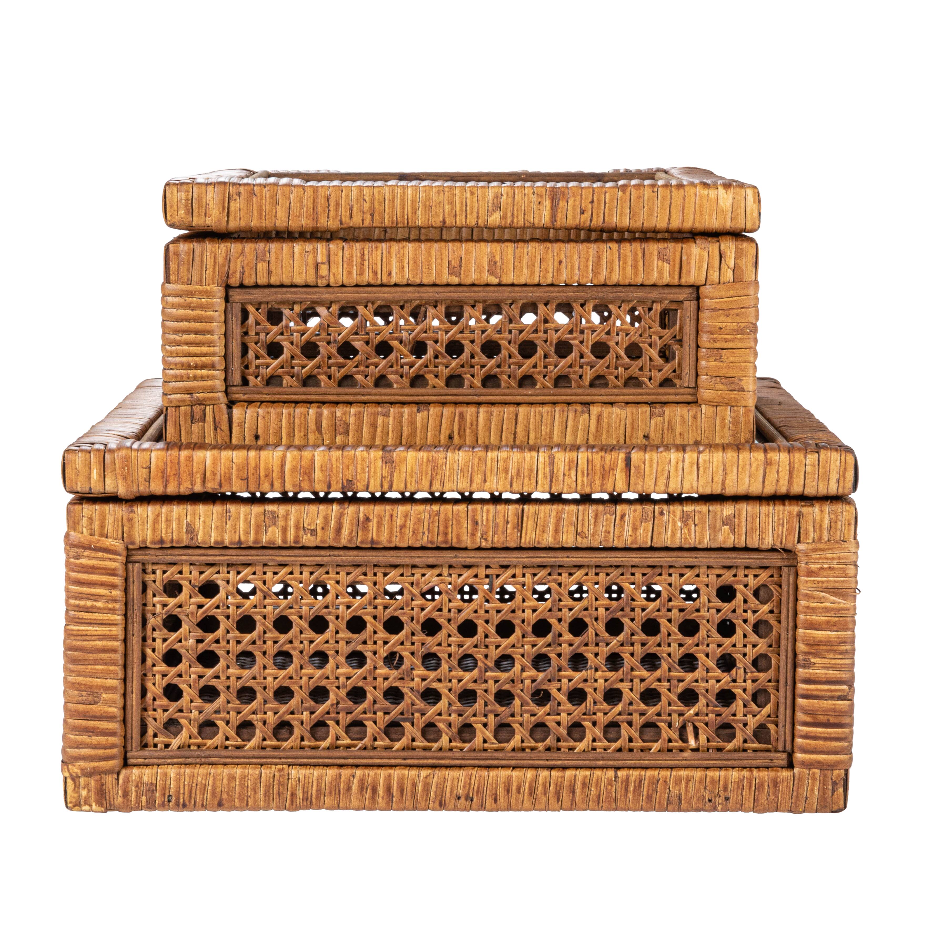 Hello Honey&#xAE; Dark Brown Modern Decorative Square Woven Rattan &#x26; Wood Display Box Set with Glass Top