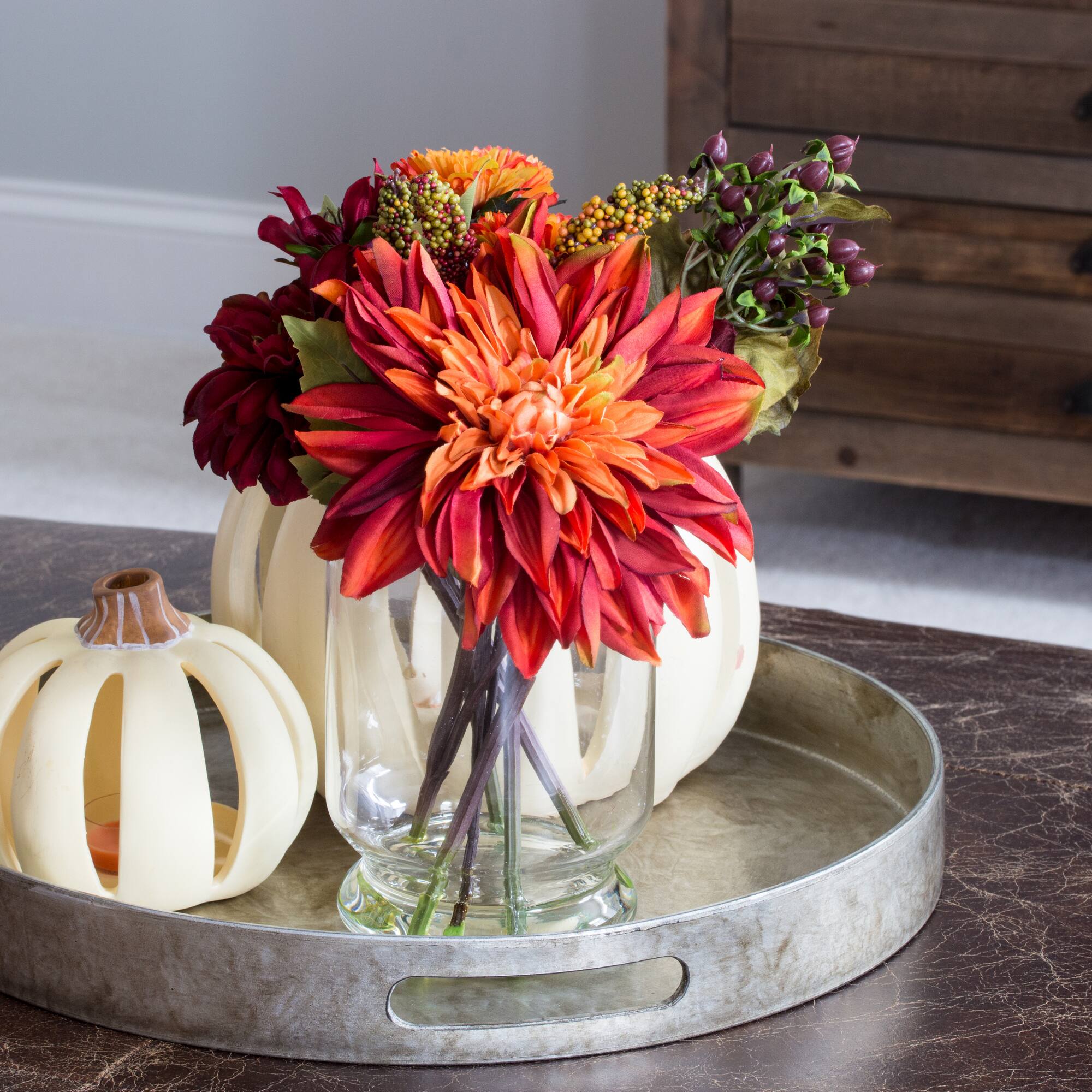 12" Dahlia & Mum Arrangement with Glass Vase
