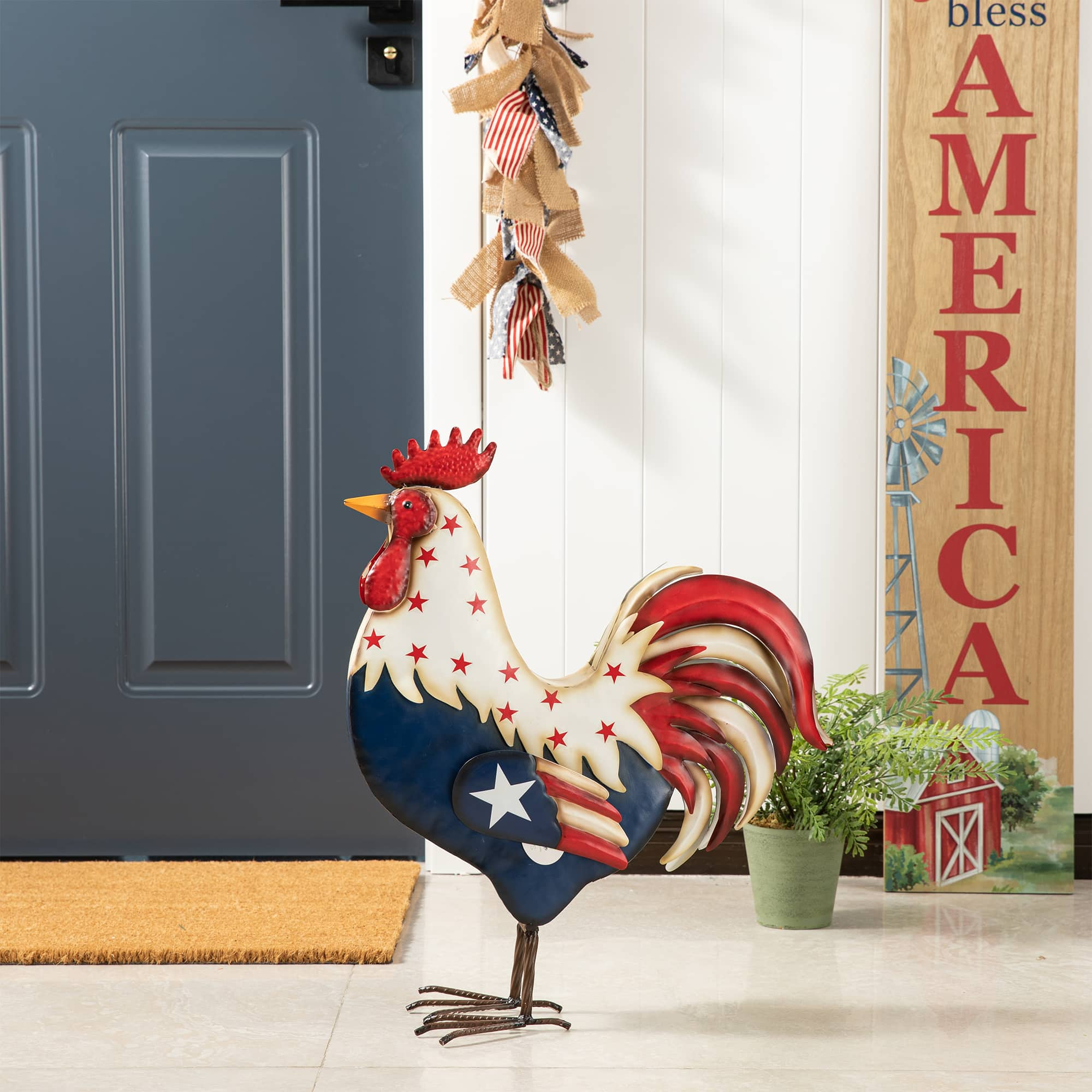 Glitzhome&#xAE; 21&#x22; Metal Patriotic Rooster Porch D&#xE9;cor