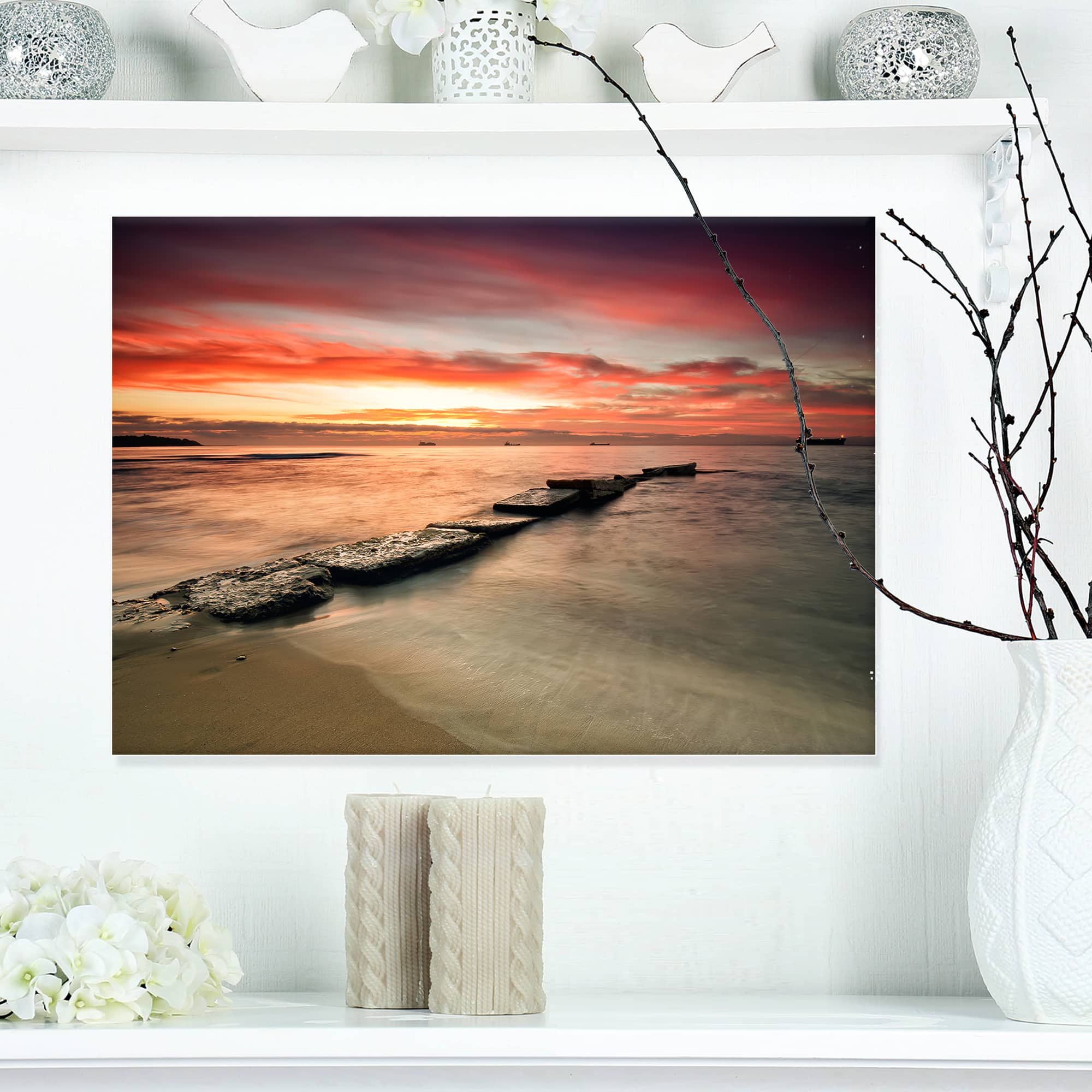 Designart - Wonderful Sunrise on Black Ocean - Beach Photo Canvas Print