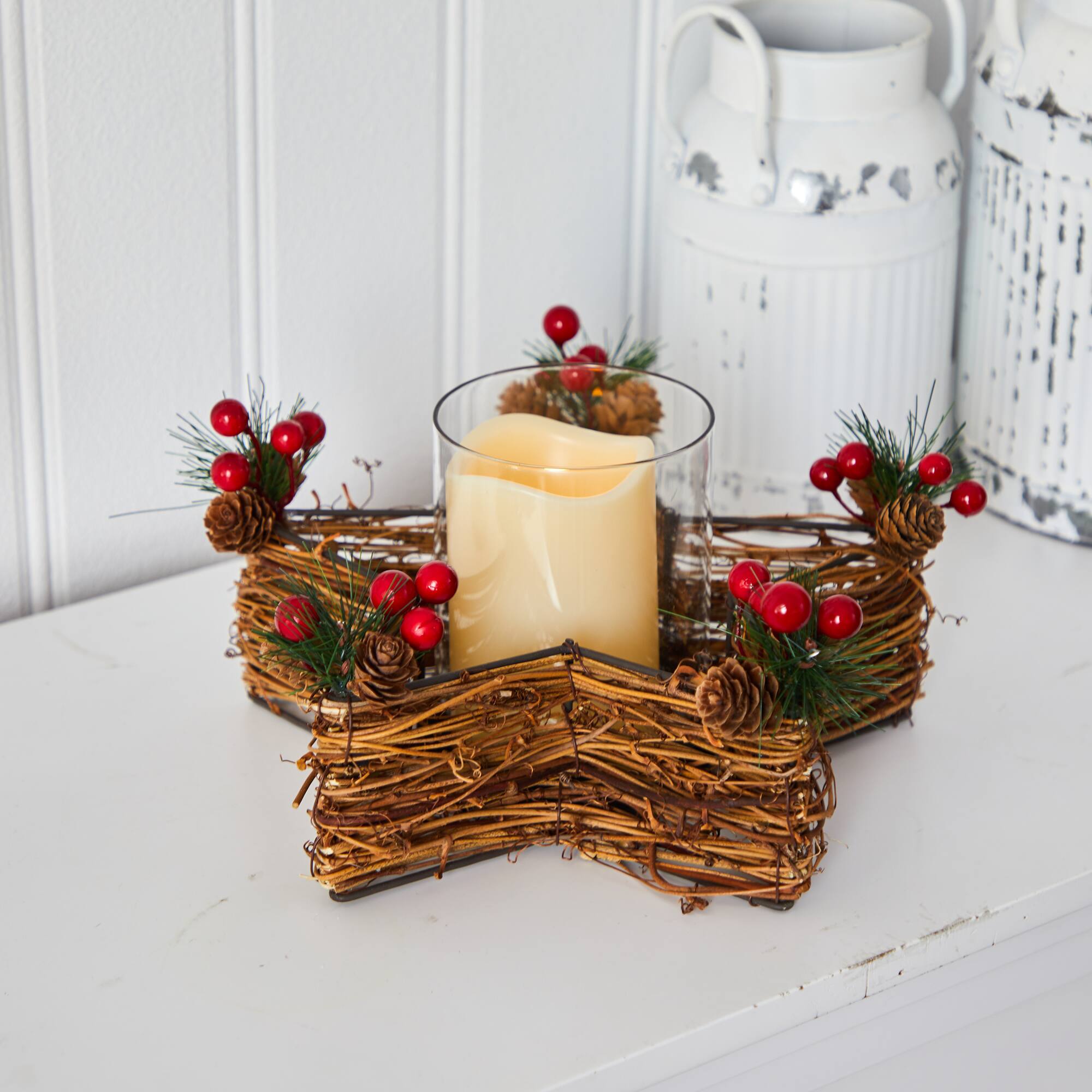 Holiday Star Twig Candle Holder with LED Candle Table Christmas Arrangement