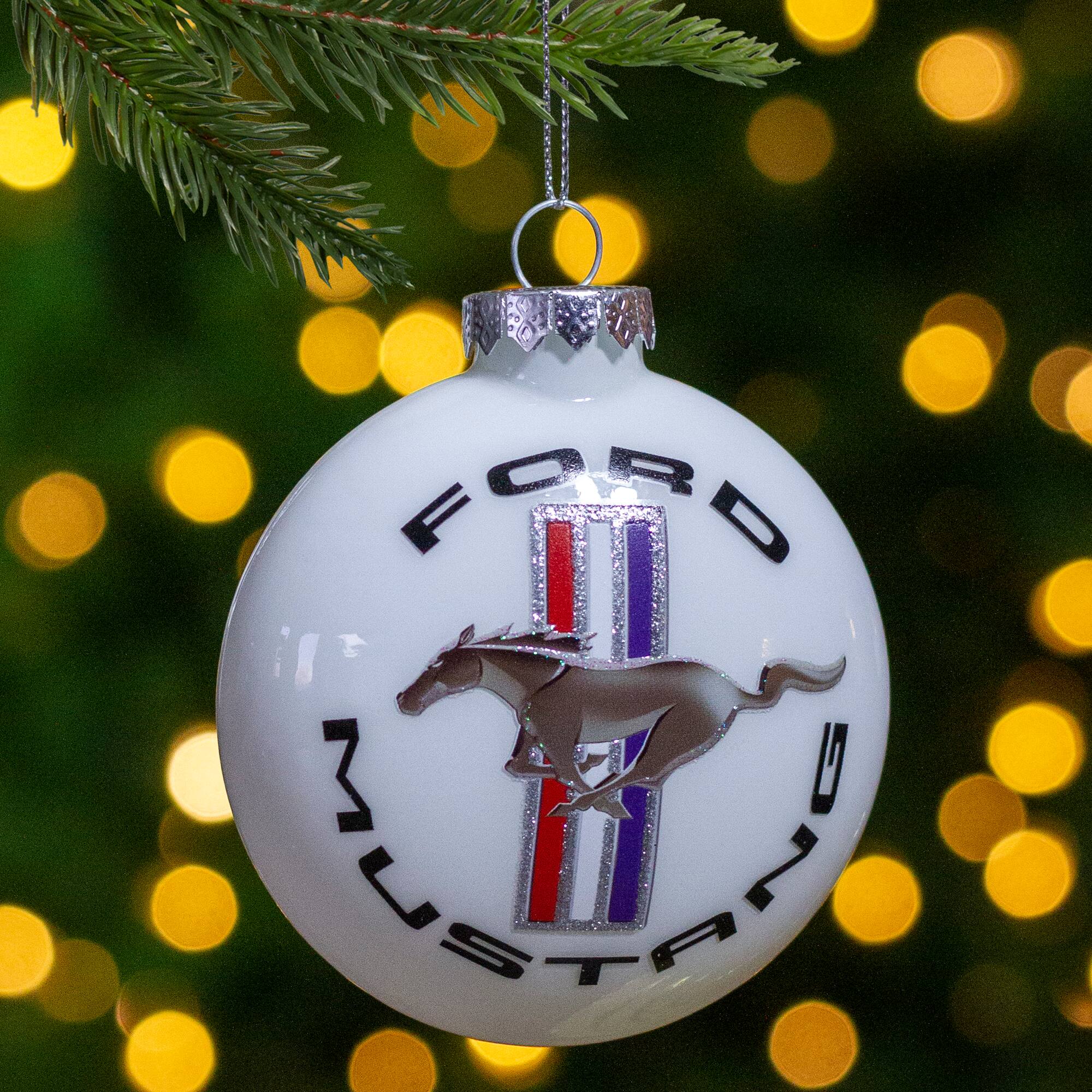 White Ford Mustang Collectible Glass Disc Ornament