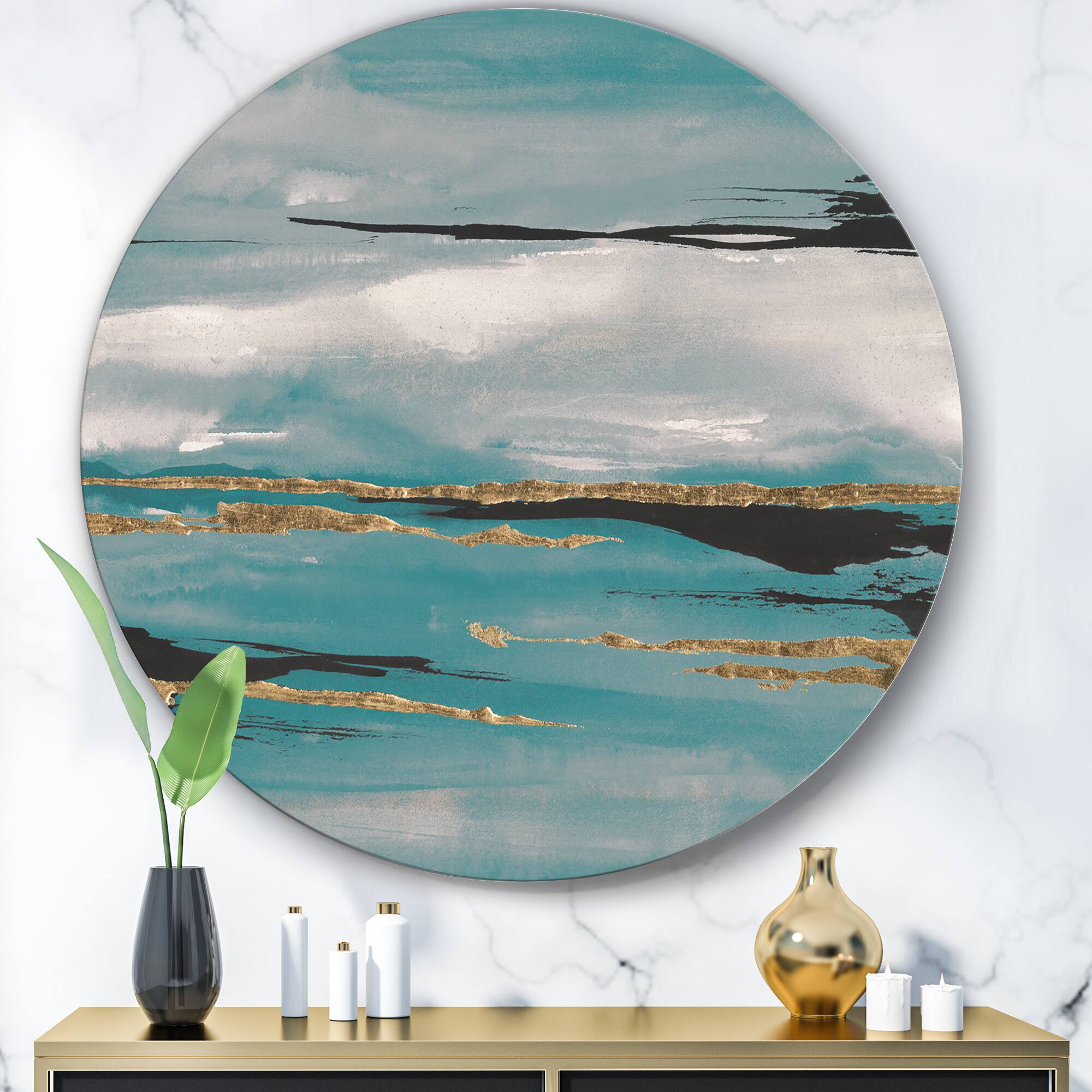 Designart - Glam Teal Watercolor I - Glam Metal Circle Wall Art