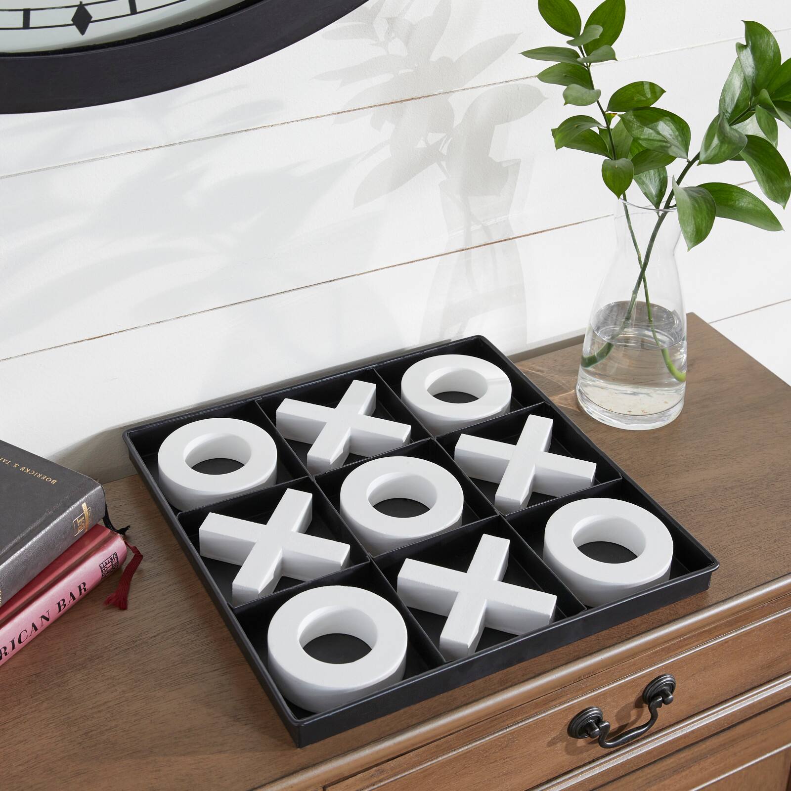 Black &#x26; White Wood &#x26; Metal Tic-Tac-Toe Modern Game Set