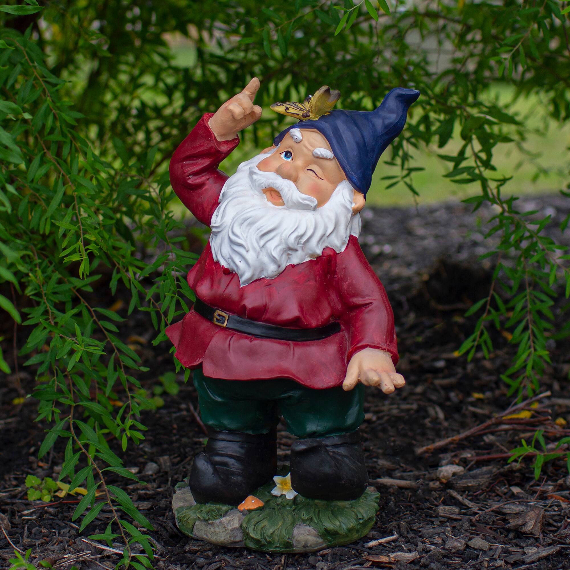 11.25" Red & Green Gnome with Butterfly Outdoor Garden Statue