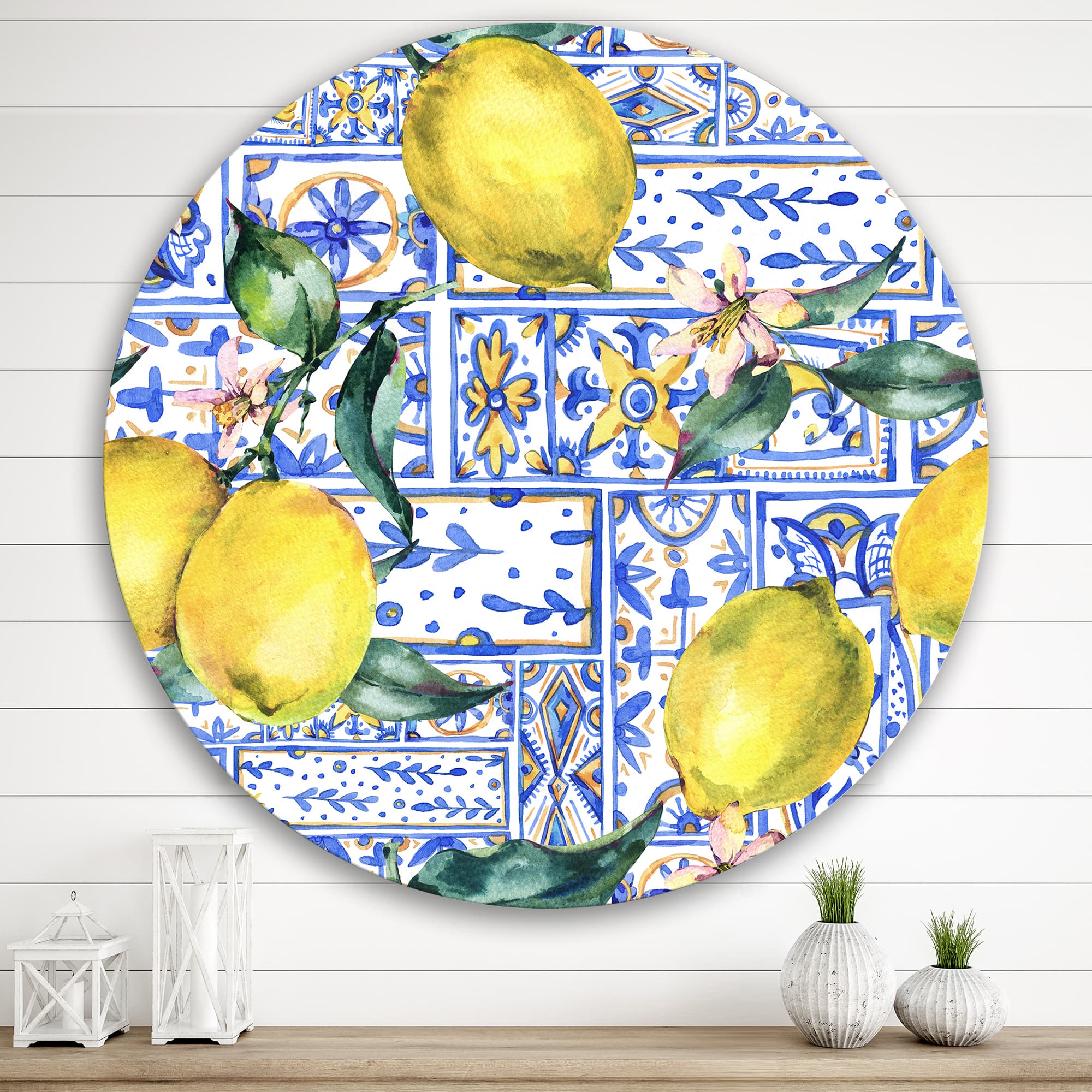 Designart - Lemon Ornament On Blue Geometrical Pattern I - Tropical Metal Circle Wall Art
