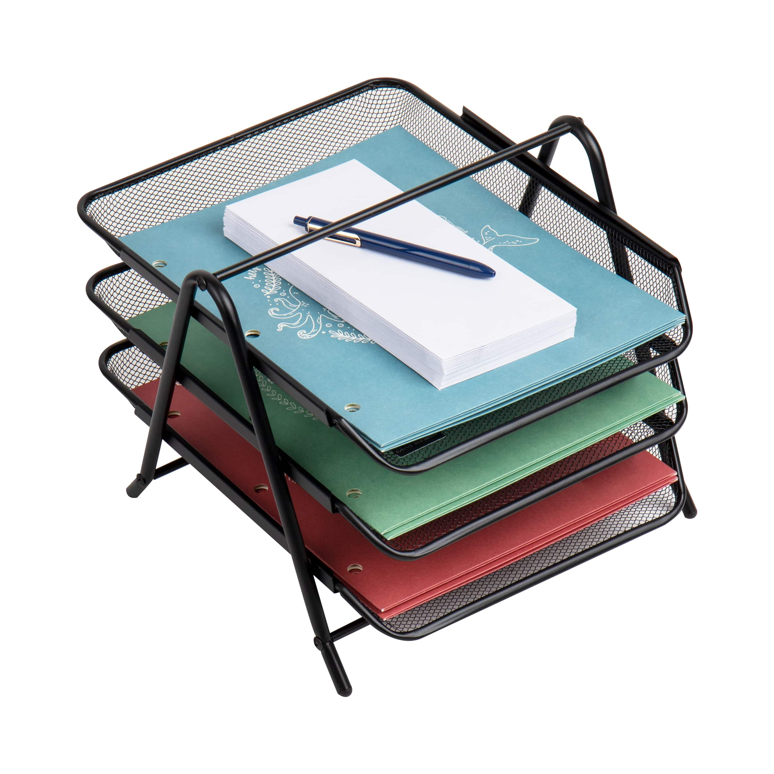 Mind Reader Network Collection Black Metal Mesh 3-Tier Paper Tray