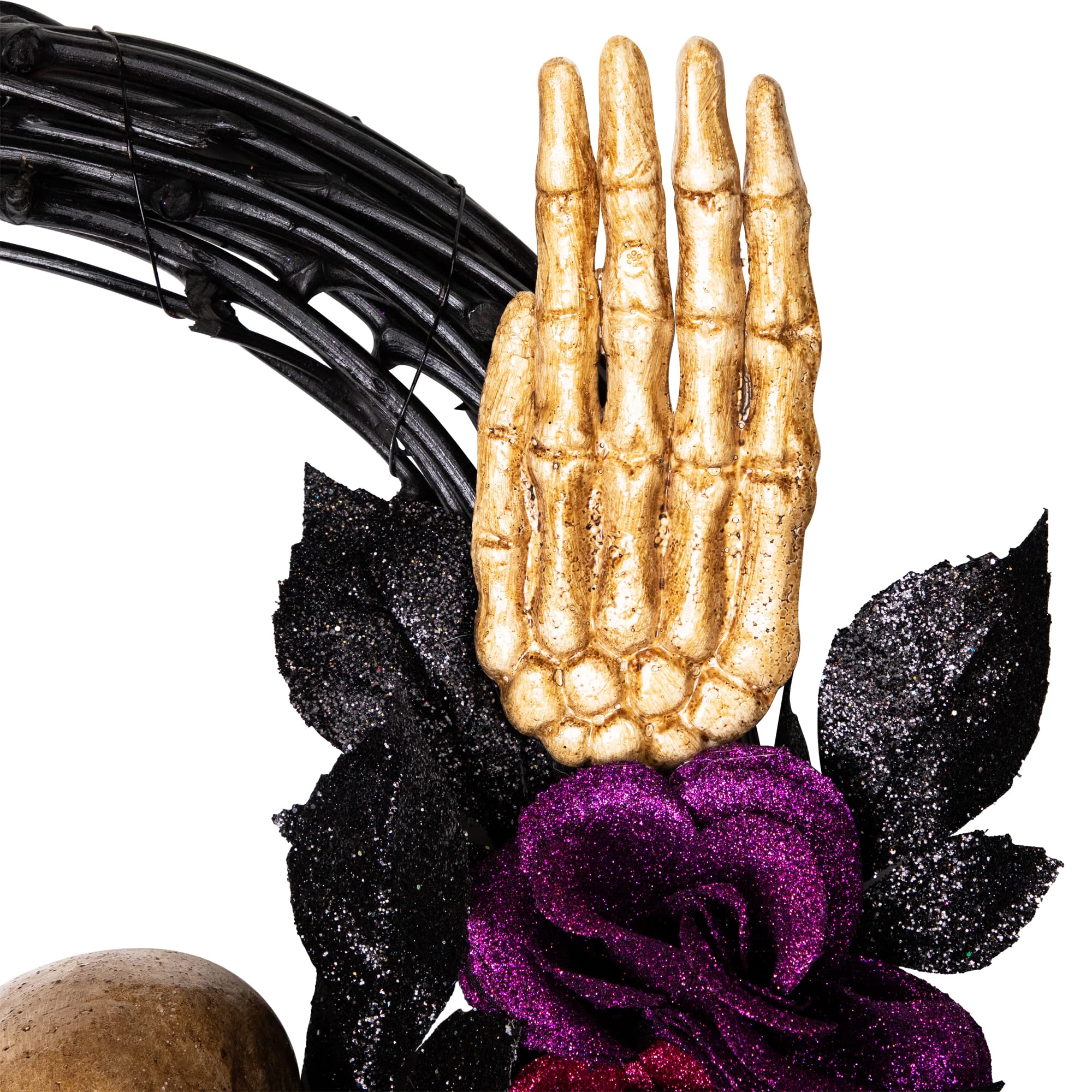 22" Skull with Hands & Purple Roses Halloween Twig Wreath