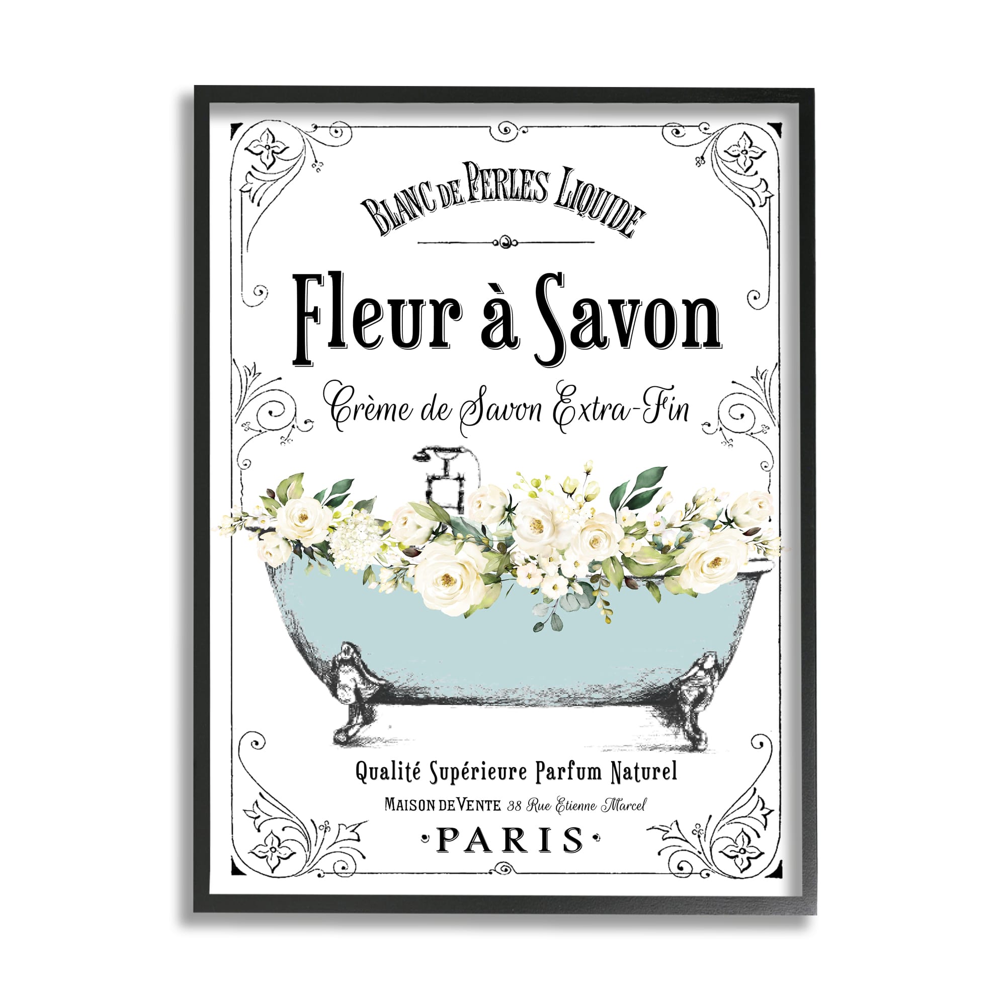 Stupell Industries Vintage Parisian Bathroom Advertisement Floral Blue Tub Framed Wall Art