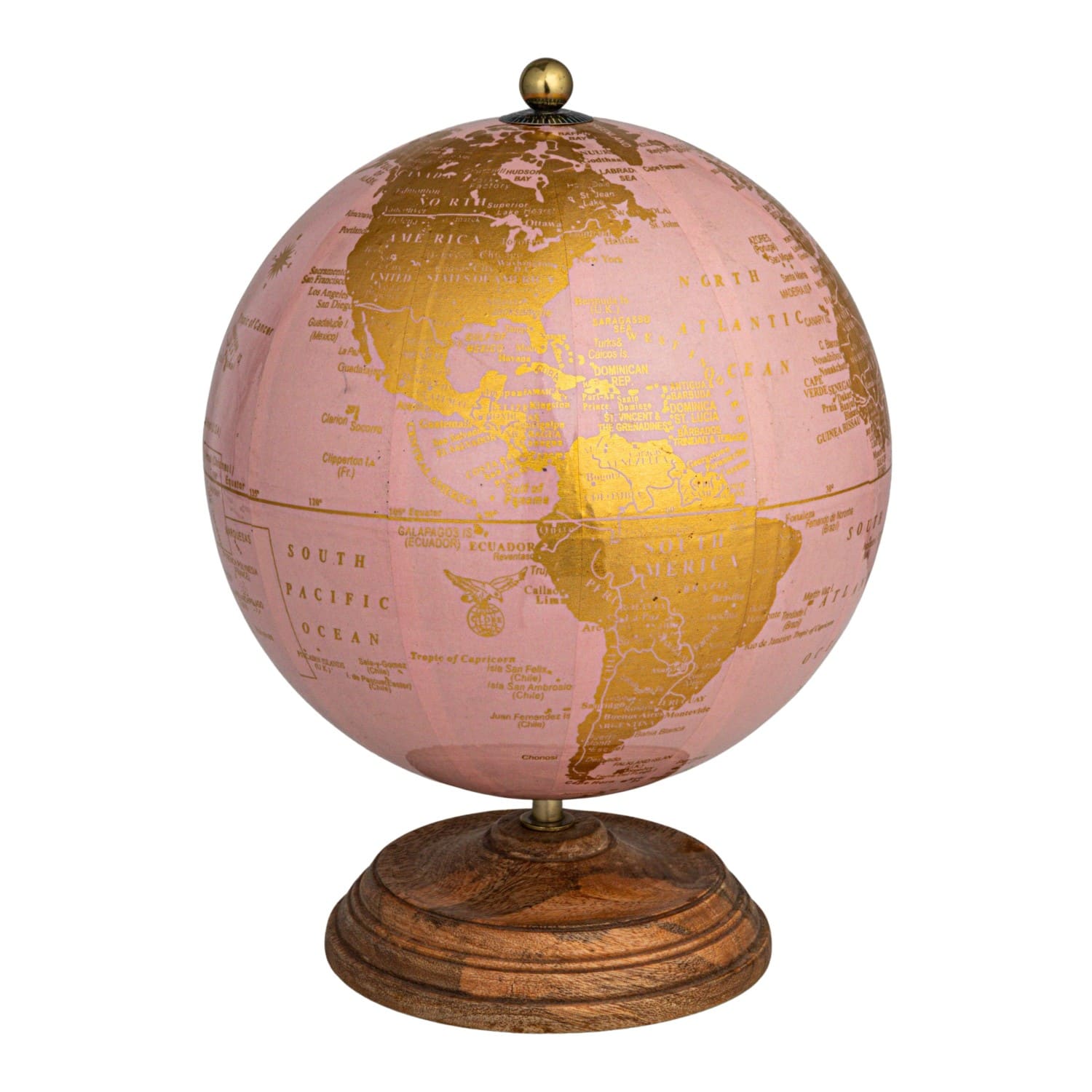 Hello Honey&#xAE; 10.75&#x22; Pink &#x26; Gold Metal &#x26; Plastic Globe on Natural Mango Wood Stand