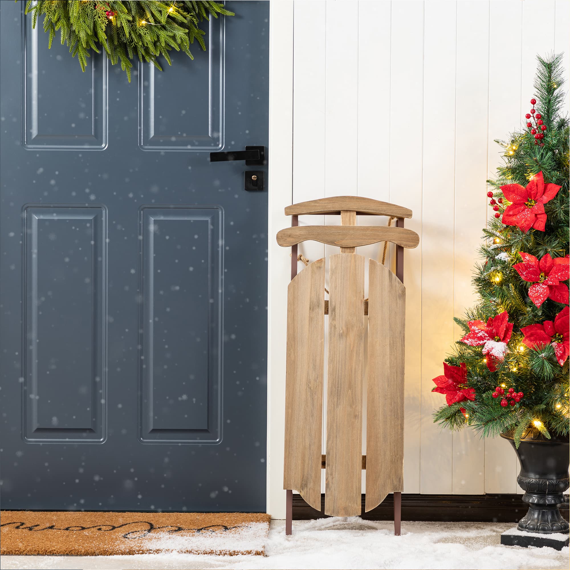 Glitzhome&#xAE; 34.25&#x22;&#xA0;Wooden Natural Christmas Sleigh Porch Decor