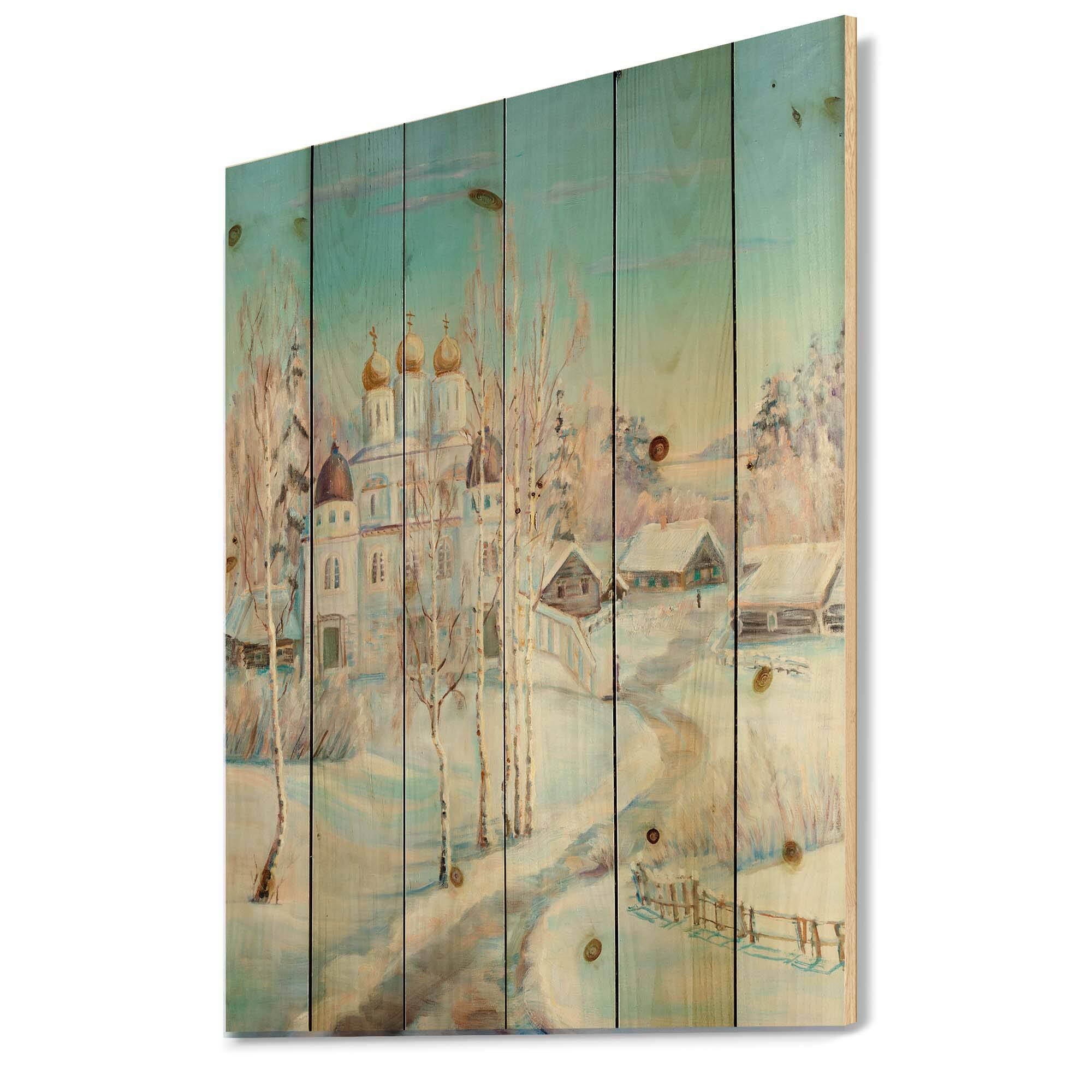 Designart - Country Road In Winter Landscape With Temple - Traditional Print on Natural Pine Wood