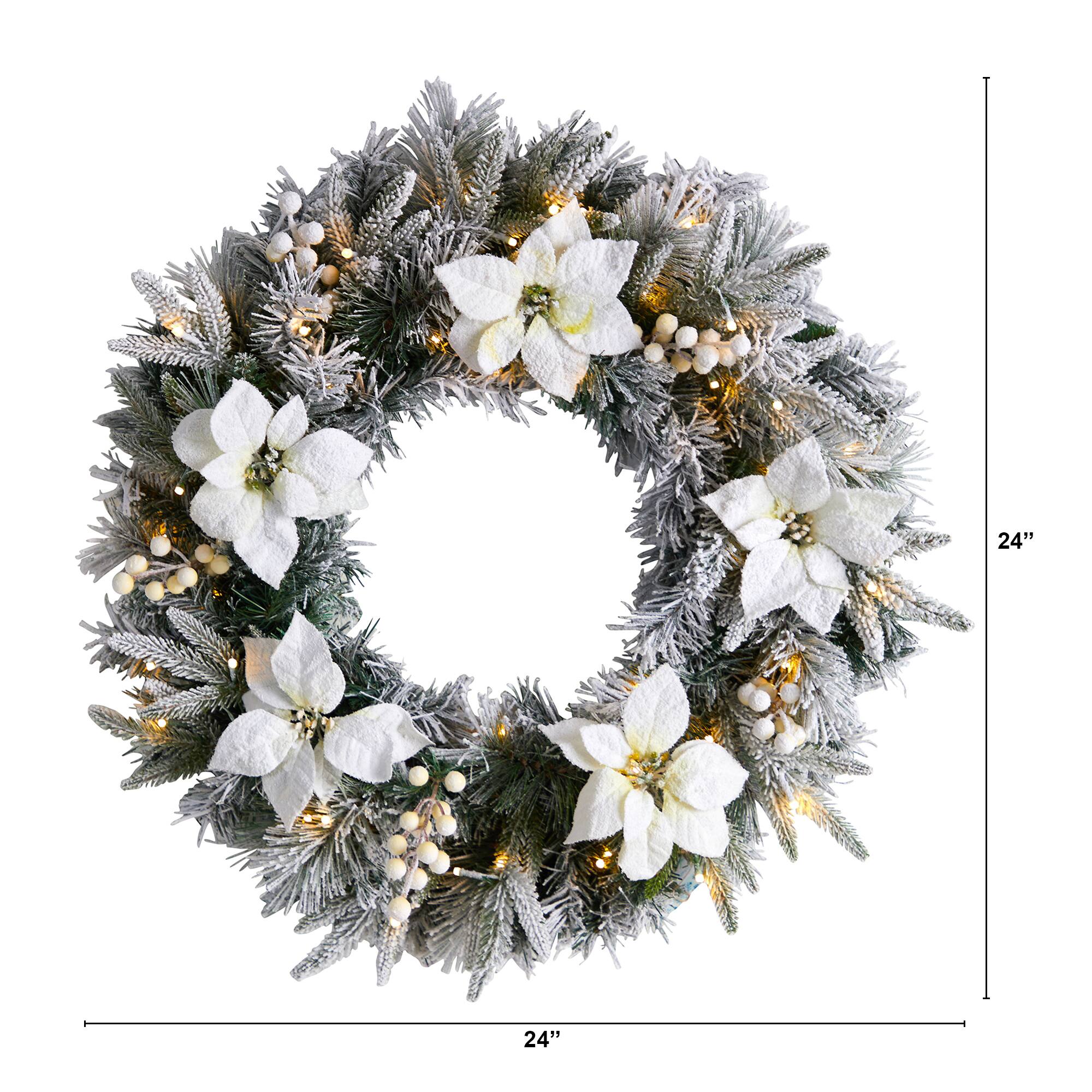 24&#x22; White LED Lights Flocked Poinsettia &#x26; Pine Artificial Christmas Wreath