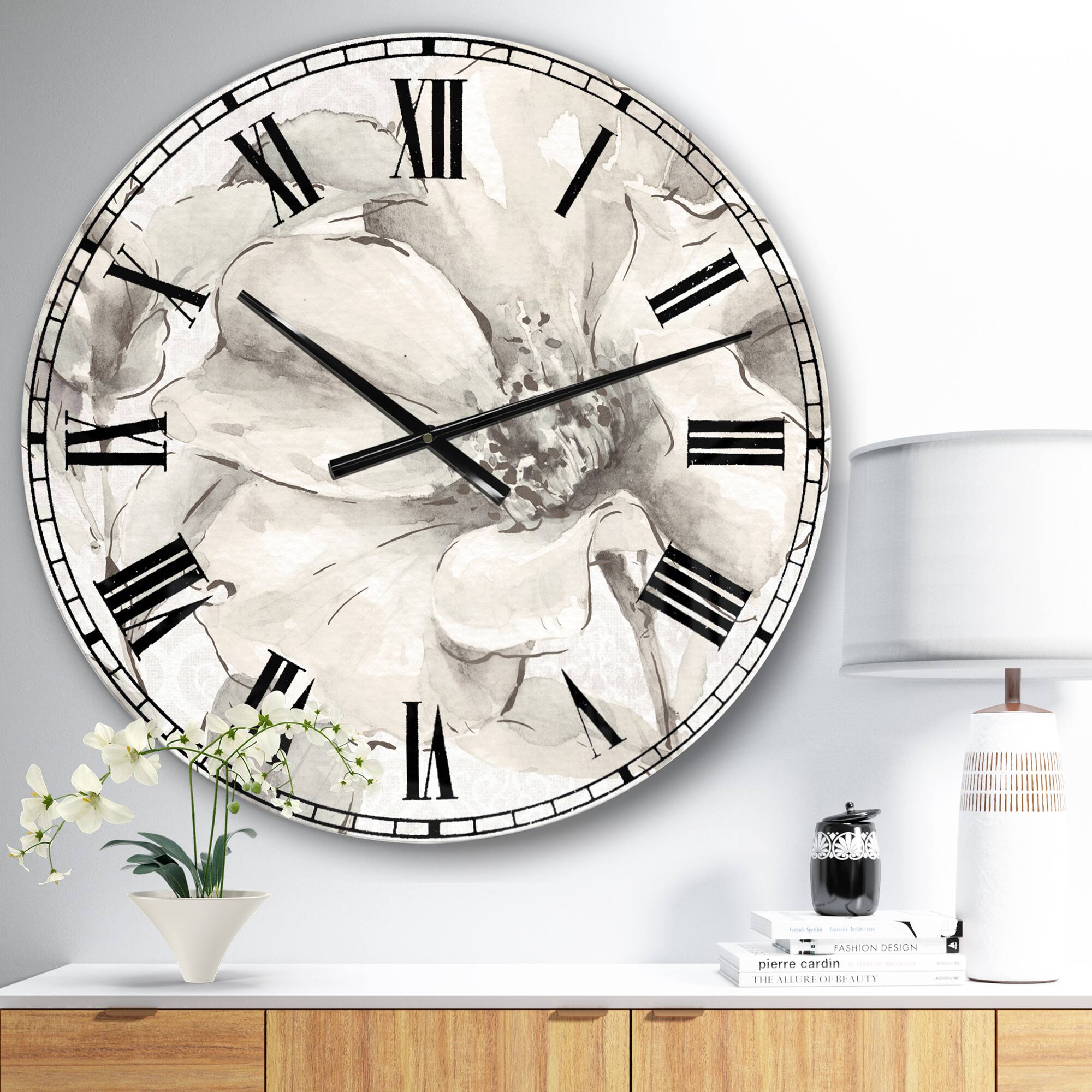 Designart 'Indigold Grey Peonies Iv Traditional Wall Clock