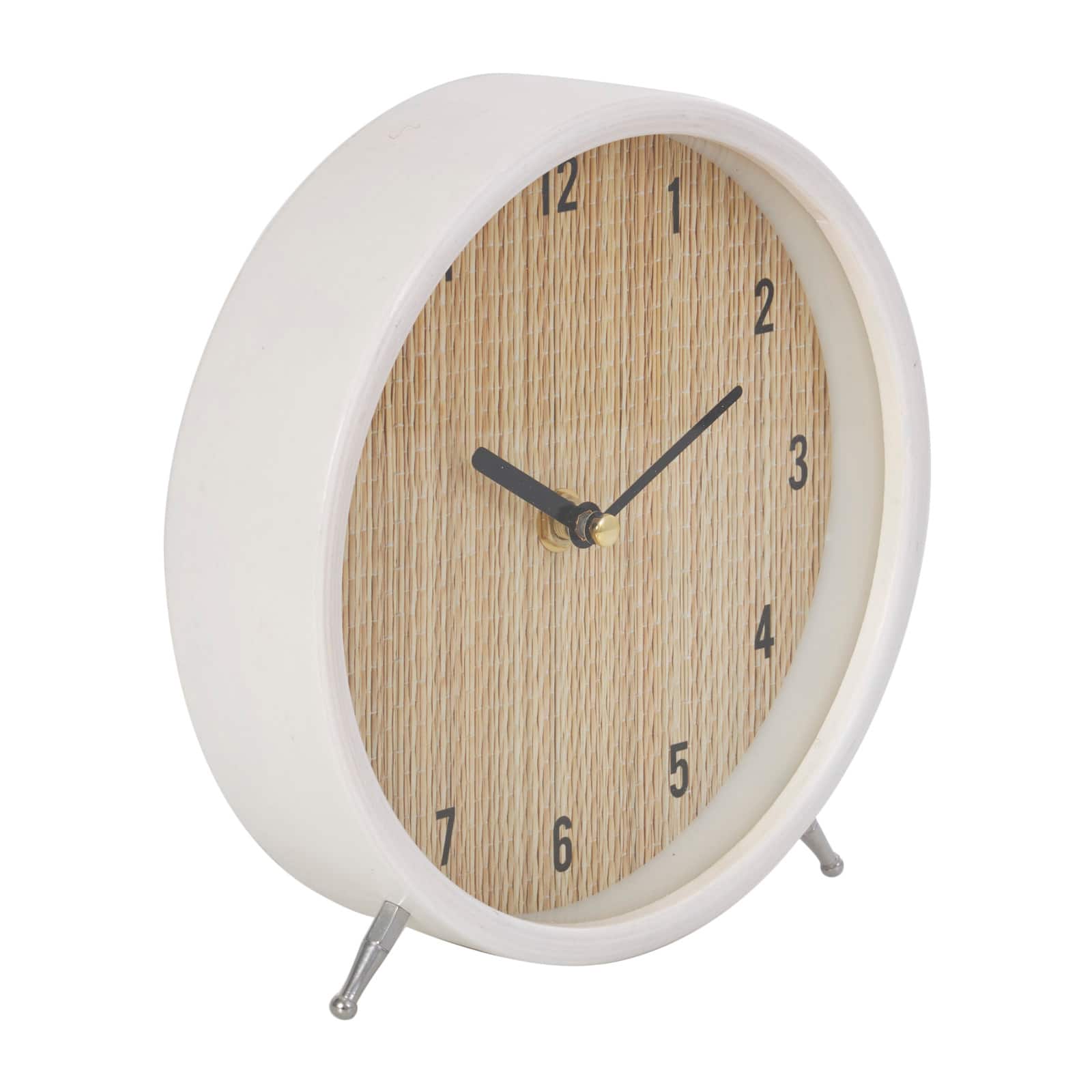 7&#x22; Light Brown Wood Woven Clock with White Frame &#x26; Silver Legs