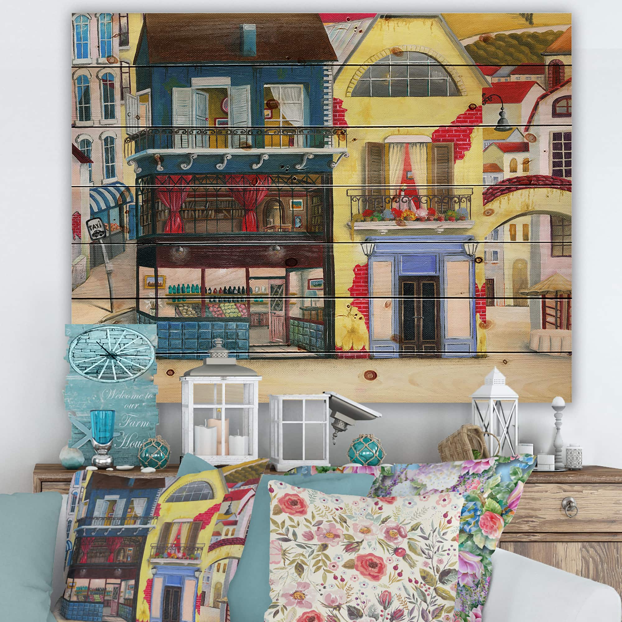 Designart - The Facade of The Buildings In A Cozy Streets - French Country Print on Natural Pine Wood