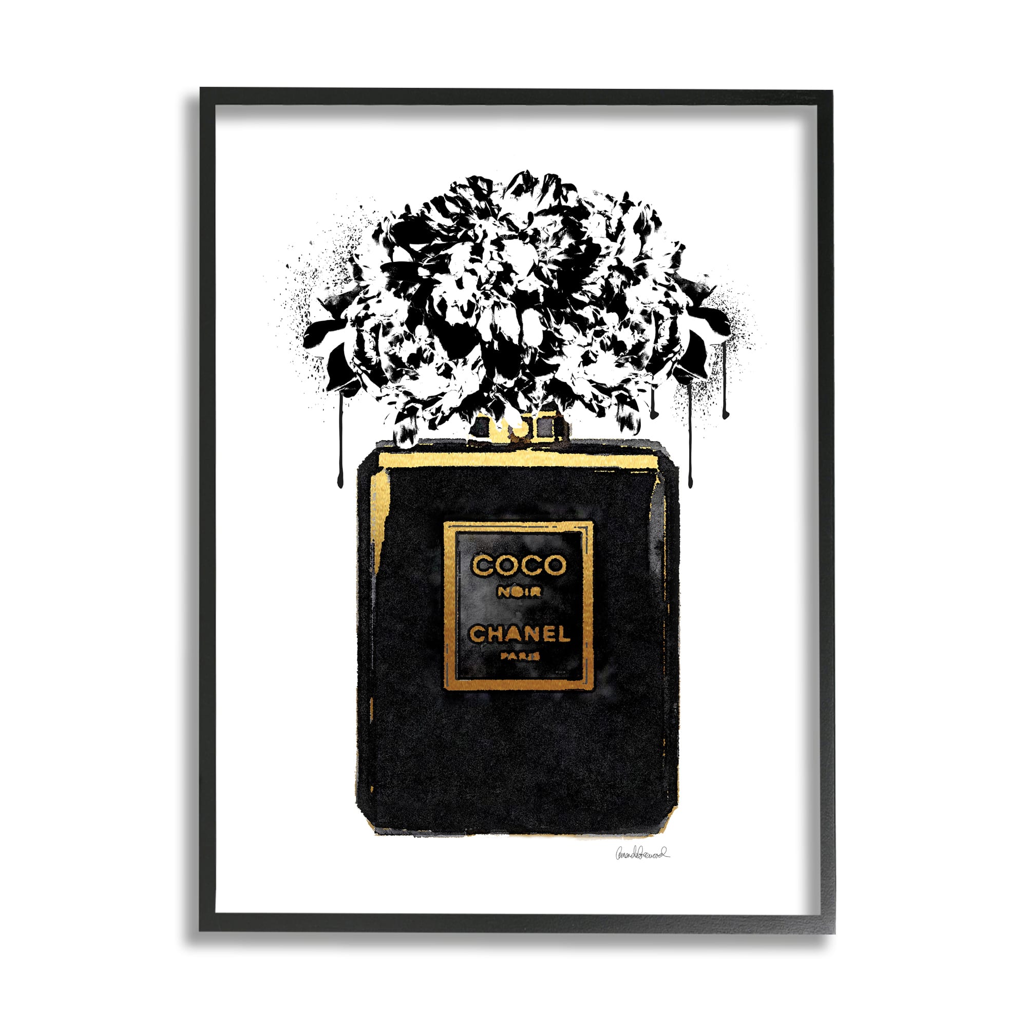 Stupell Industries Spray Paint Flowers in Black Fashion Fragrance Bottle in Black Frame Wall Art