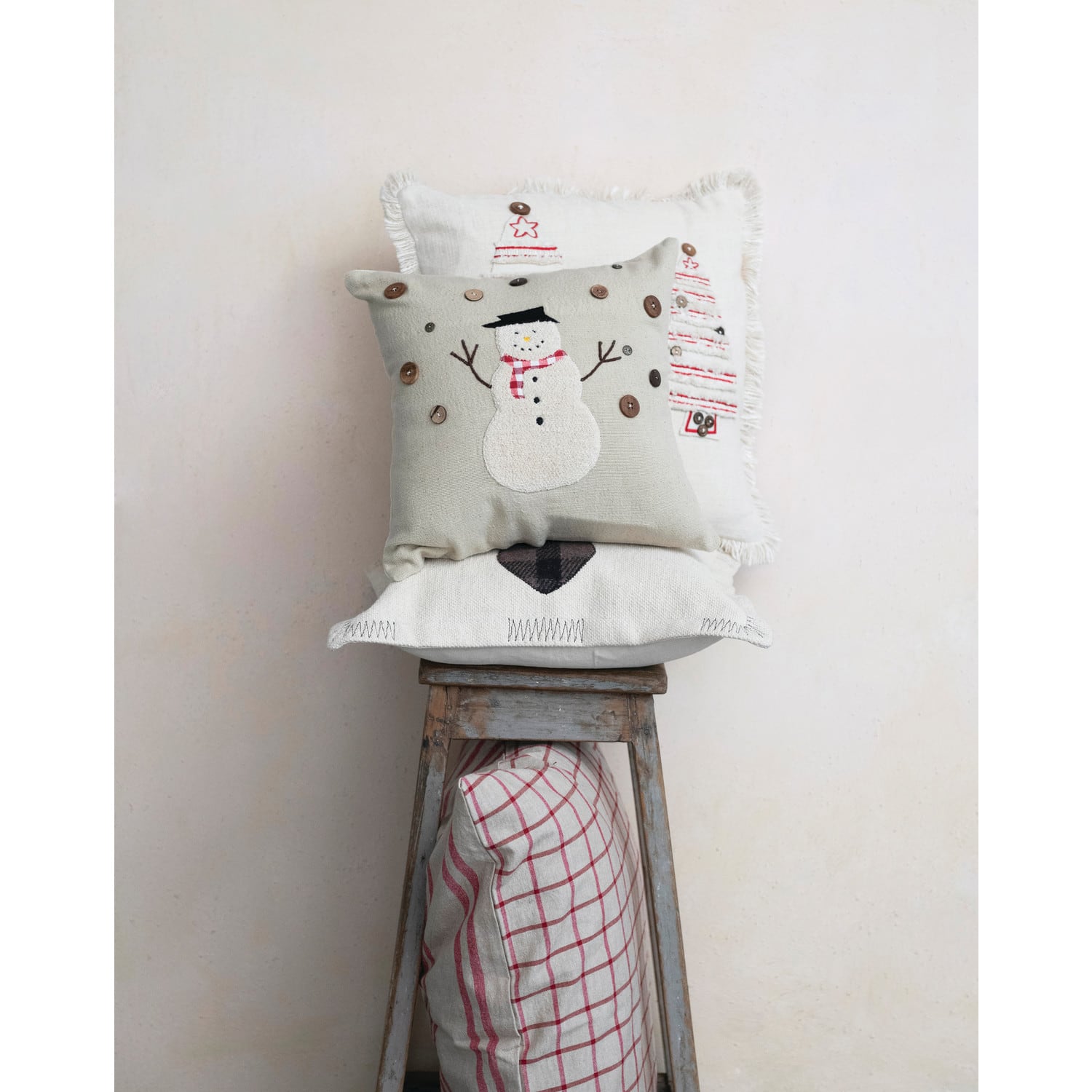Natural &#x26; Red Embroidered Trees Pillow