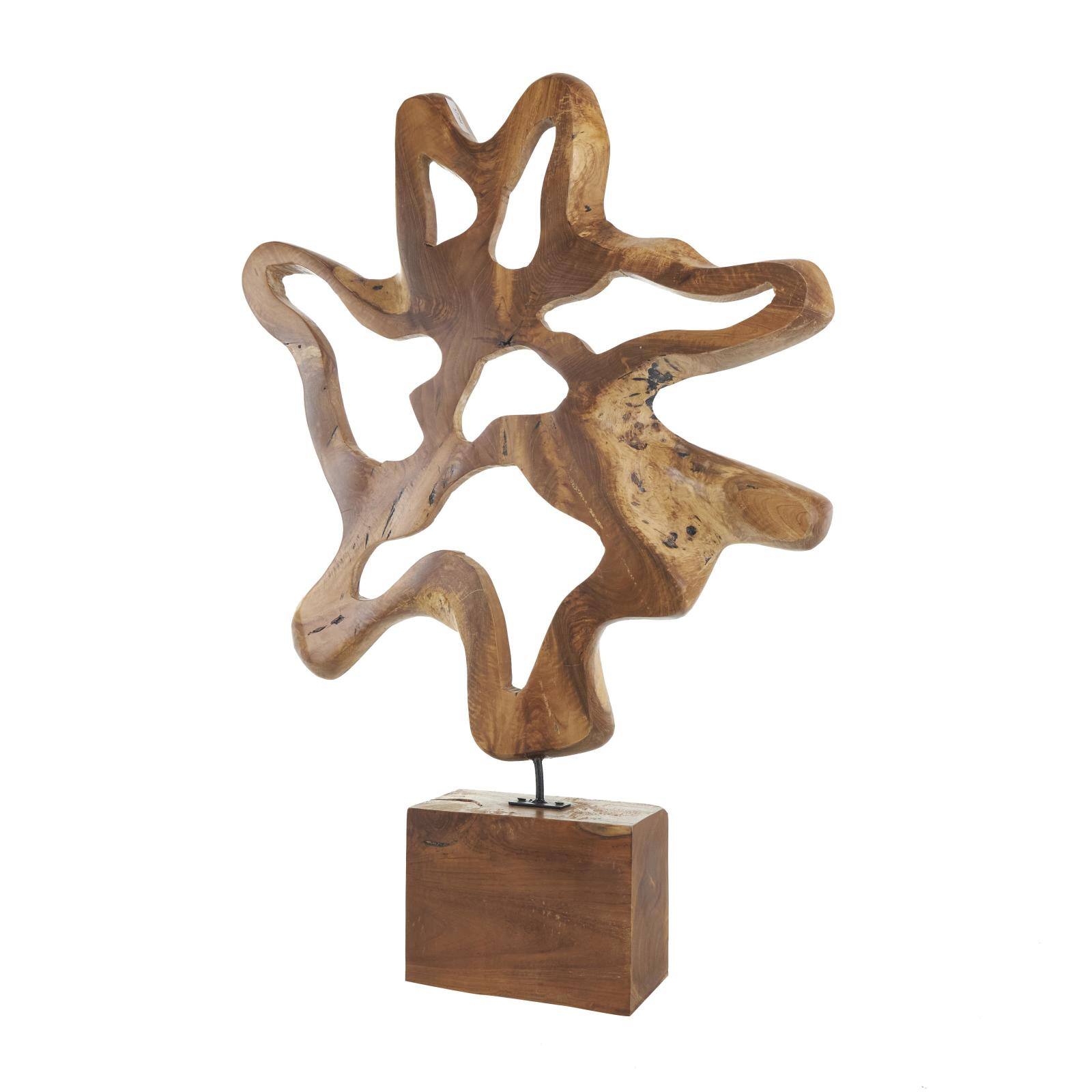 31" Brown Abstract Cutout Teak Wood Sculpture with Block Base
