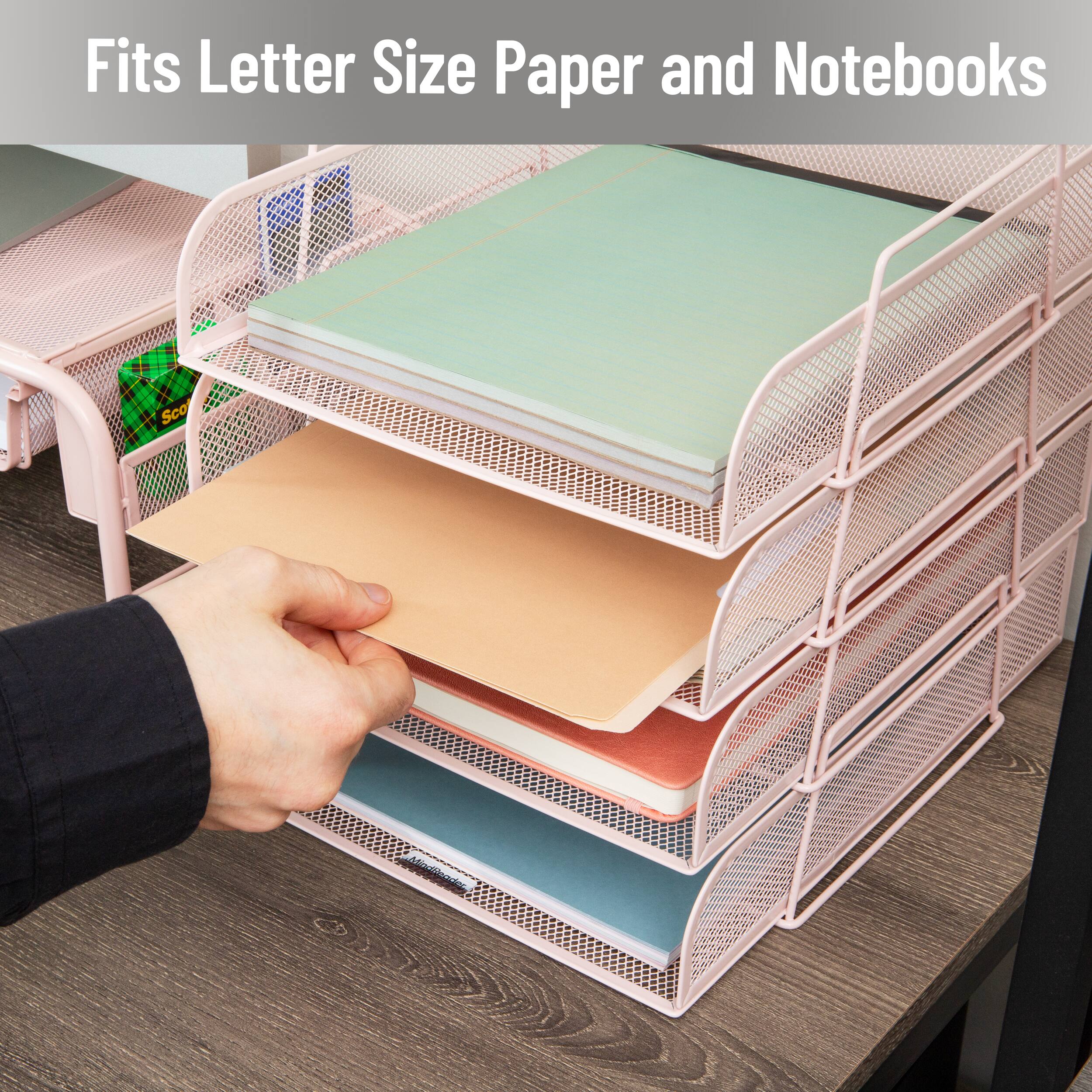 Mind Reader Stackable Paper Tray, Desktop Organizer, File Storage, Office, Metal Mesh, 4 Pcs., Pink