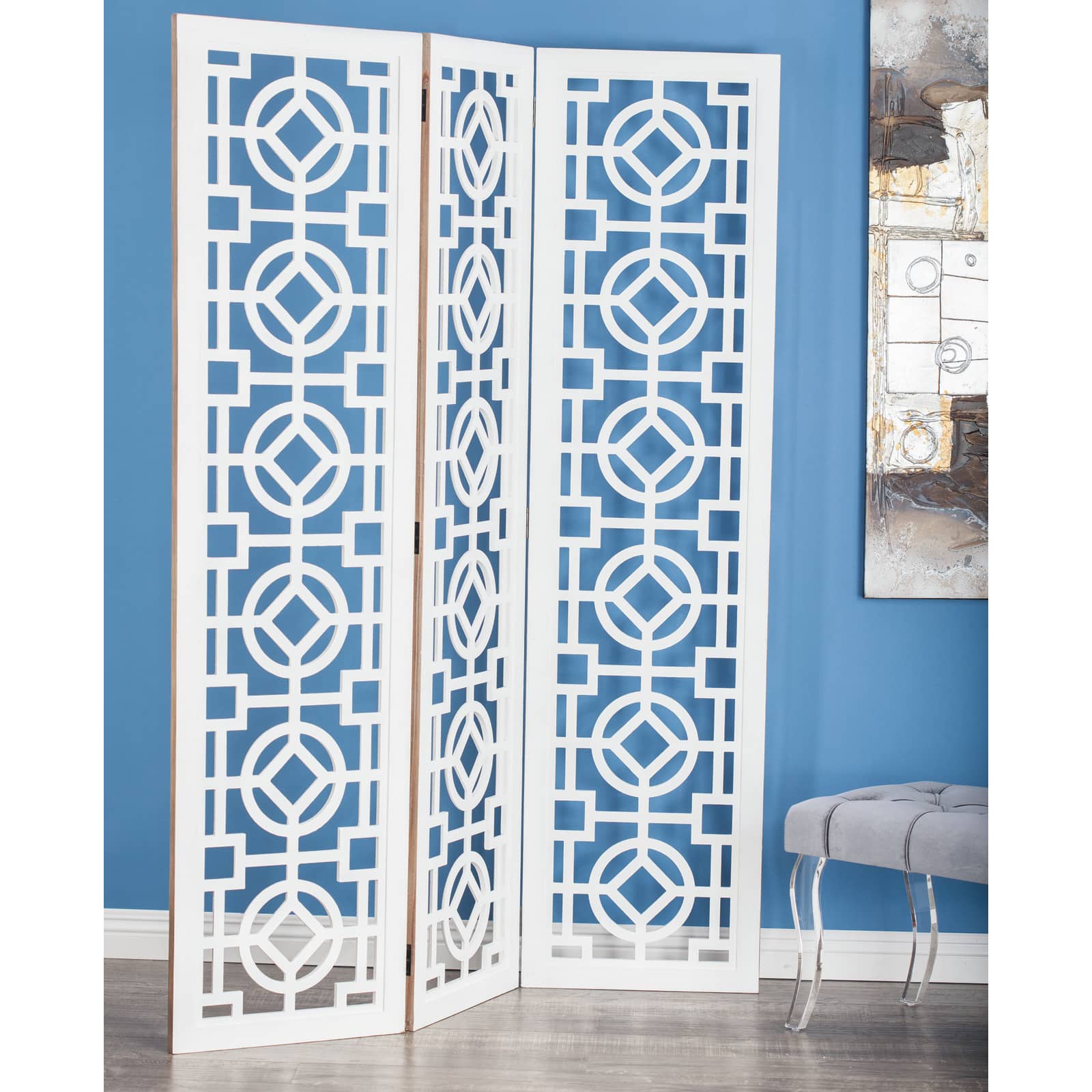 White Wood Farmhouse Room Divider Screen, 72" x 54" x 1"