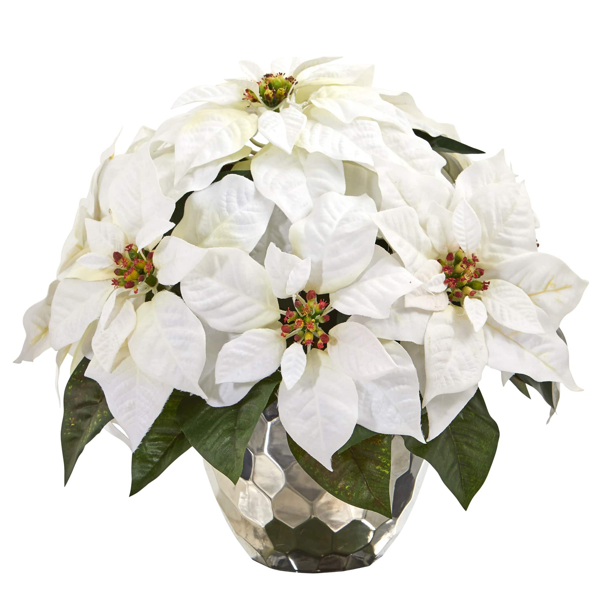 14&#x22; White Poinsettia Arrangement in Designer Silver Bowl