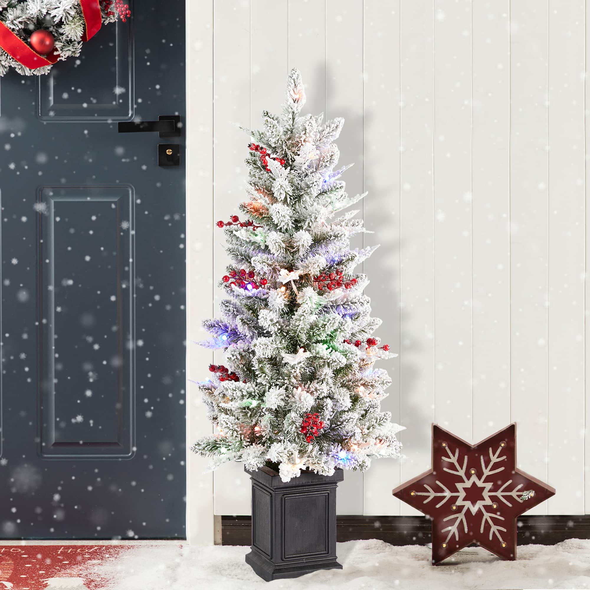 Glitzhome&#xAE; 4ft Pre-Lit Flocked Artificial Christmas Porch Tree, Multi-color LED Lights