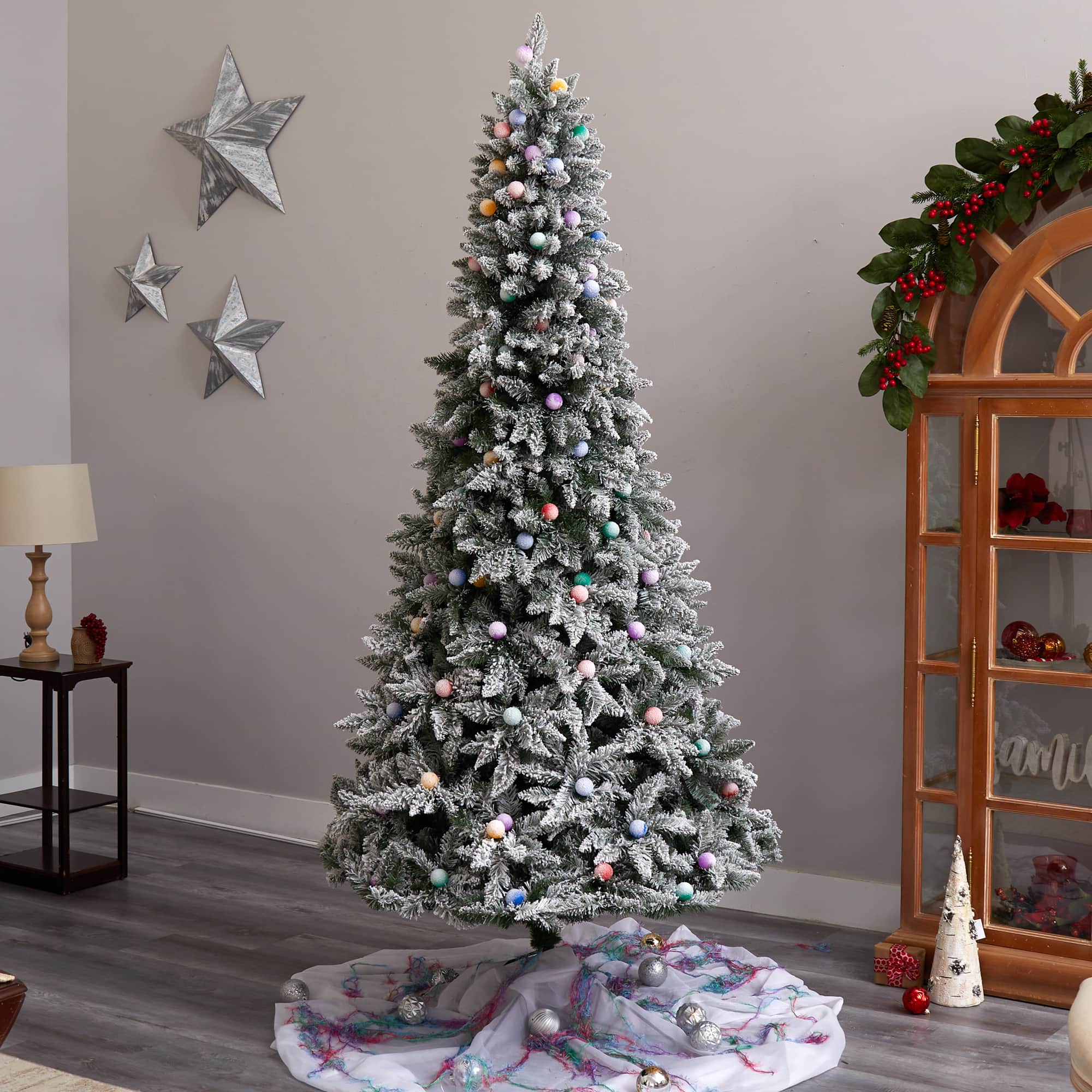8.5ft. Pre-Lit Flocked British Columbia Mountain Fir Artificial Christmas Tree, Multicolor Globe Bulbs