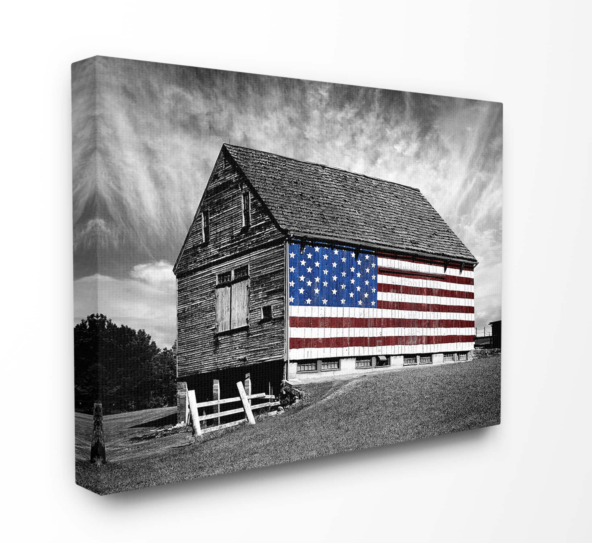 Stupell Industries Black &#x26; White Barn with American Flag Wall Art