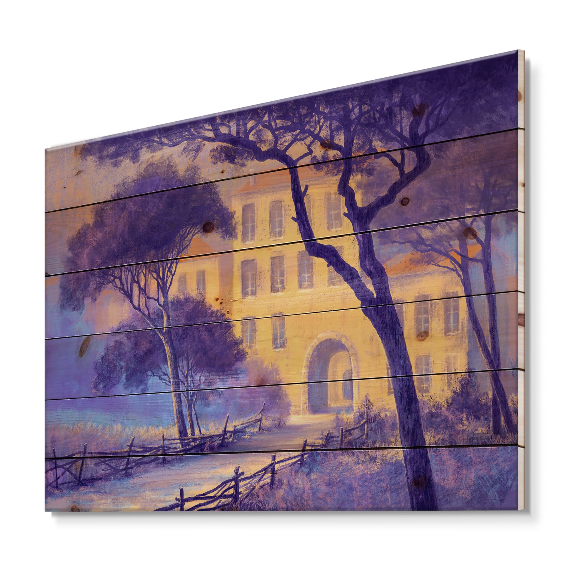 Designart - Street Landscape On Footpath &#x26; Trees In A City - Traditional Print on Natural Pine Wood