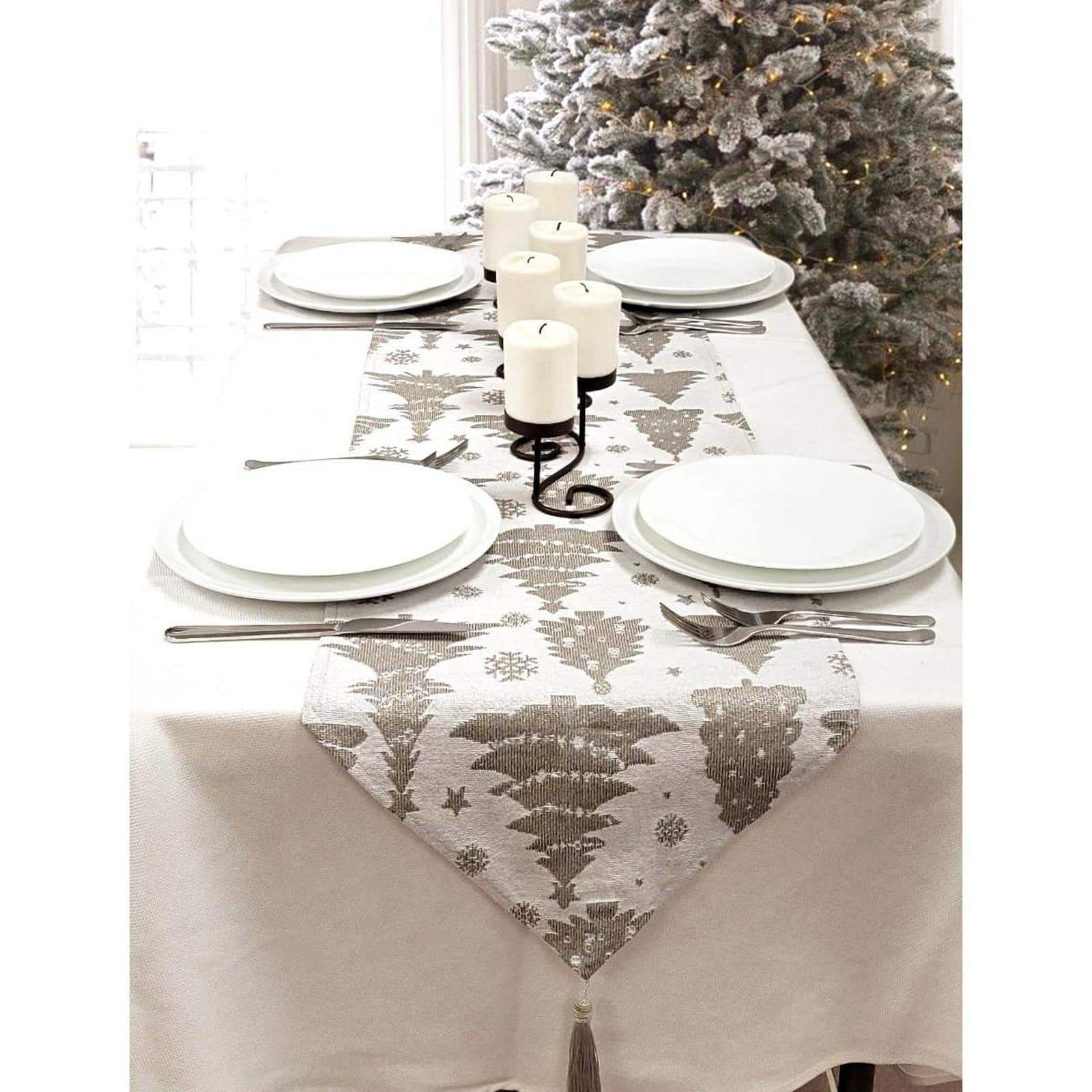 Wizardi 13.75&#x22; x 67&#x22; Silver Pine Trees Christmas Table Runner