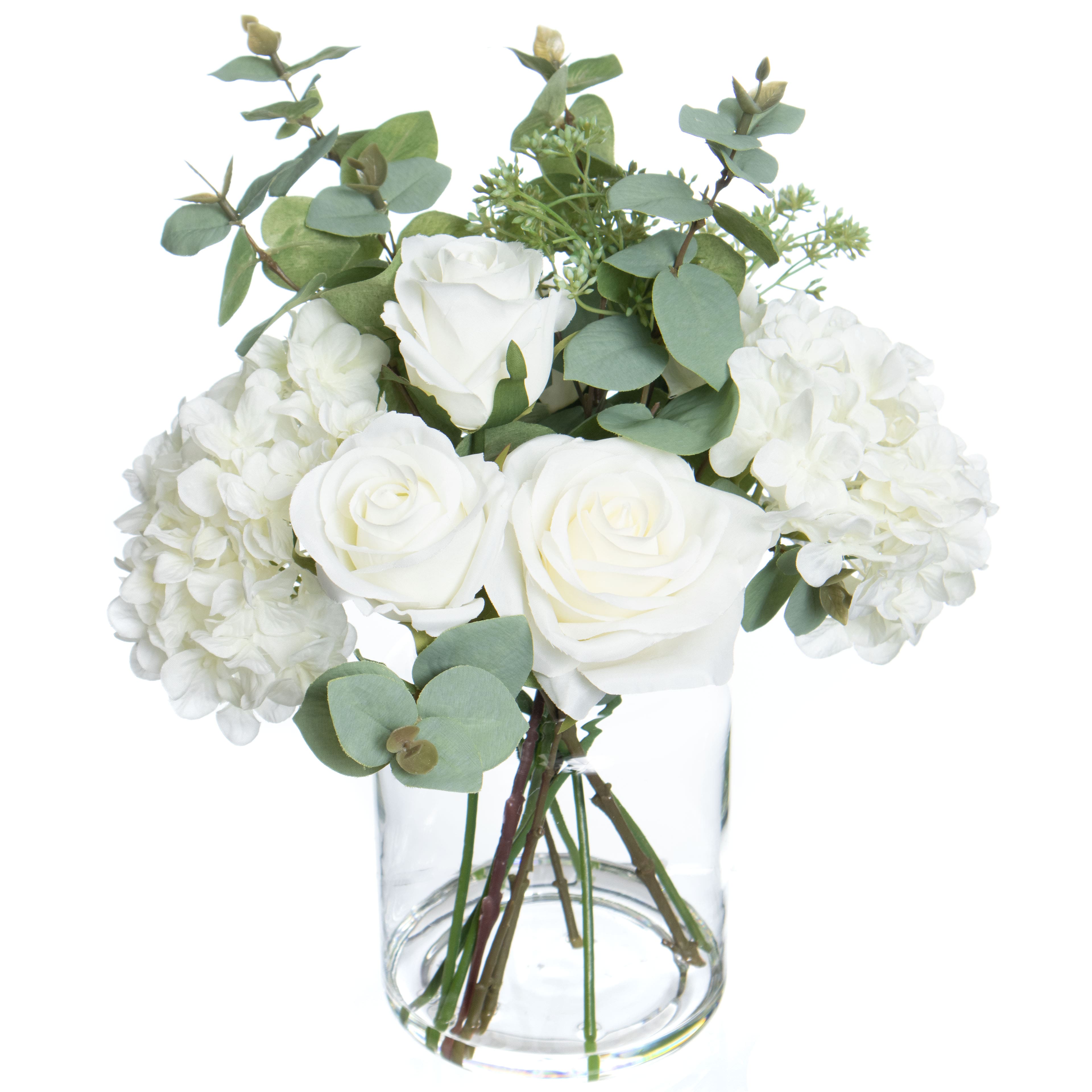 13.5" Premade White Hydrangea, Rose & Eucalyptus in Glass Vase by Ashland®